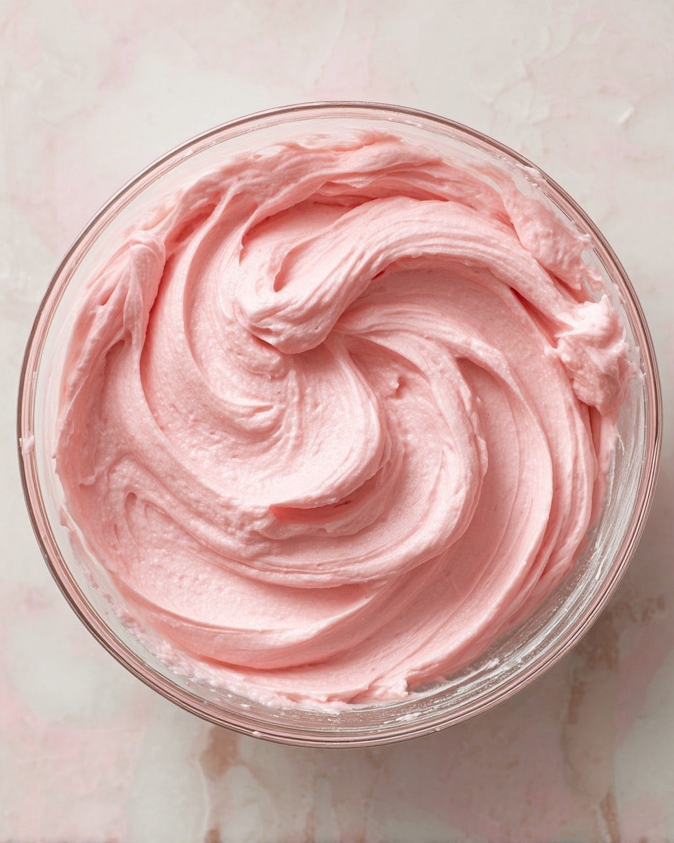 The image shows a close-up of a bowl filled with smooth, creamy pink frosting. The frosting is swirled evenly inside a clear glass bowl with soft peaks and gentle folds visible on its surface. The light pink color contrasts against the white marbled texture background. The edges of the glass bowl are slightly coated with bits of the frosting, adding to the fresh, ready-to-use look. photo taken with an iphone --ar 4:5 --v 7