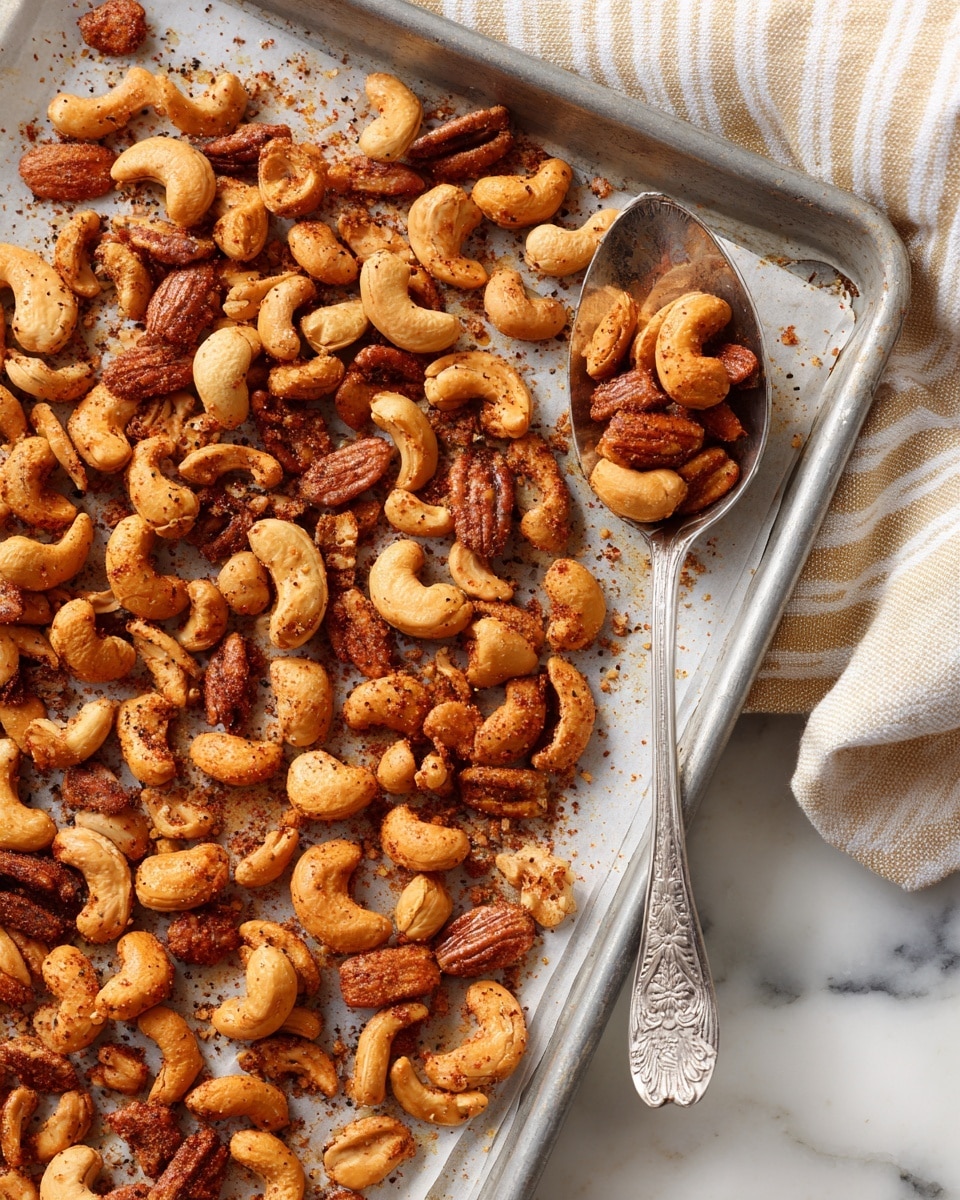 A close-up of a metal tray lined with parchment paper holding a mix of roasted nuts including cashews, almonds, and pecans, all coated with a golden-brown spicy seasoning visible as tiny dark specks. The nuts are piled evenly across the parchment paper, with a silver ornate spoon scooping up some of the nuts from the right side of the tray. The tray sits on a white marbled surface, and a striped beige and white cloth is partially visible in the top corner. The scene is brightly lit, showing the nuts' warm roasted colors and textured seasoning. photo taken with an iphone --ar 4:5 --v 7