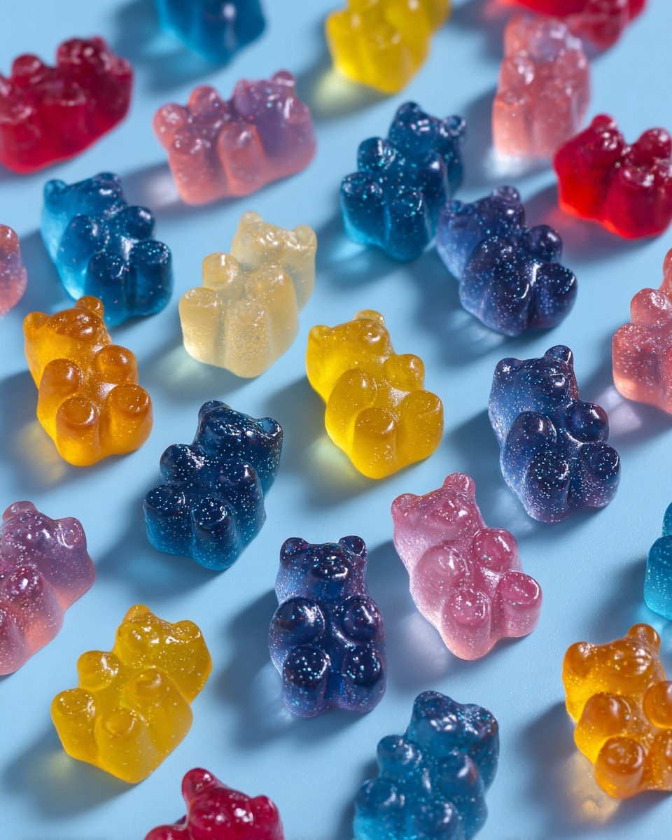 A close-up view of many small gummy bears scattered randomly on a smooth, light blue surface with a soft glossy shine. The gummy bears are evenly distributed in three bright colors: translucent yellow, deep blue, and light pink with subtle speckles. Each bear is shiny and slightly transparent, showing a smooth and slightly bumpy texture with visible bear shapes and facial features. The overall image focuses on the colorful mix and contrast of the gummy bears against the soft blue background. photo taken with an iphone --ar 4:5 --v 7