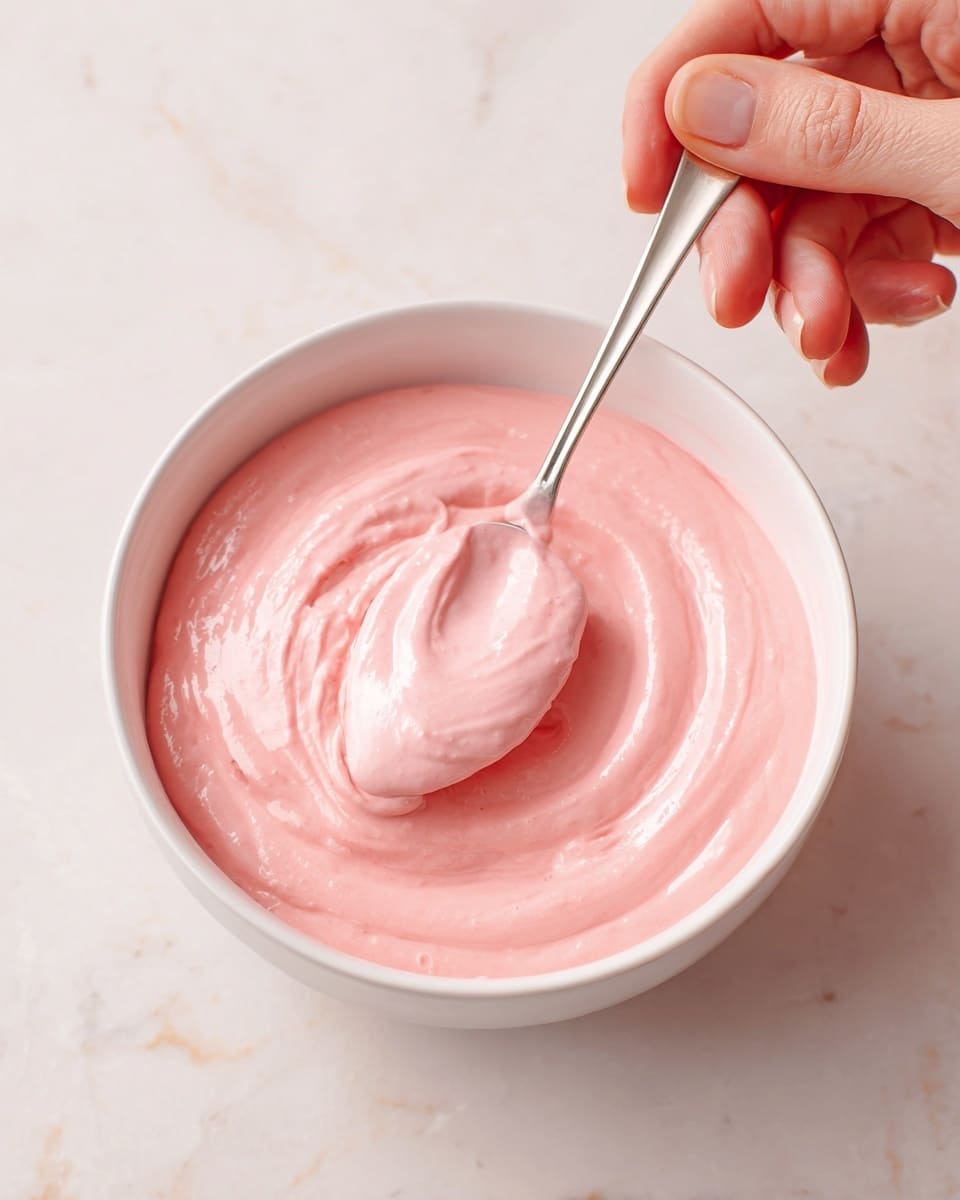 A clear white bowl filled with smooth, creamy pink sauce with even texture, held close to the surface of a white marbled table. A woman's hand gently holds a small spoon coated in the same pink sauce above the bowl, showing the thick, luscious consistency. The surface of the sauce is glossy with light reflections, and the bowl is centered in the image, emphasizing the soft pastel pink color and creamy feel. photo taken with an iphone --ar 4:5 --v 7