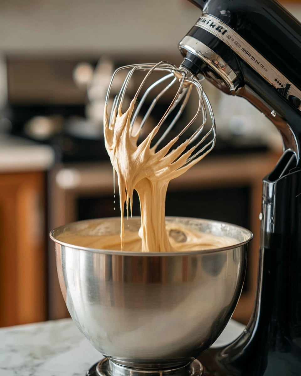 A close-up view of a silver metal mixing bowl attached to a black stand mixer with a metal whisk covered in creamy light beige batter. The batter is thick and smooth, clinging to the whisk and forming soft peaks, with some batter dripping back into the bowl. The background shows a white marbled surface under the bowl and a blurred kitchen scene with brown cabinets and a silver oven. photo taken with an iphone --ar 4:5 --v 7