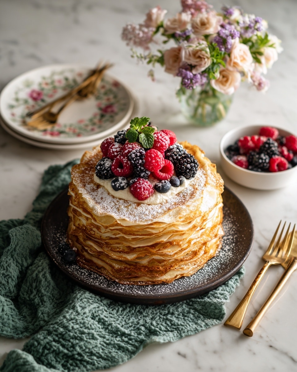 A tall stack of thin, golden crepes with many layers is arranged on a dark round plate, sprinkled with white powdered sugar covering the top and sides lightly. On top, a cluster of fresh berries including red raspberries, black blackberries, and blue blueberries adds bright colors. To the left, there are two white floral plates with gold forks resting on them, and on the right, a small white bowl holds more berries. Beside the bowl is a small clear vase with light pink and purple flowers. The setting is on a white marbled surface with a textured green cloth partially under the plate. photo taken with an iphone --ar 4:5 --v 7