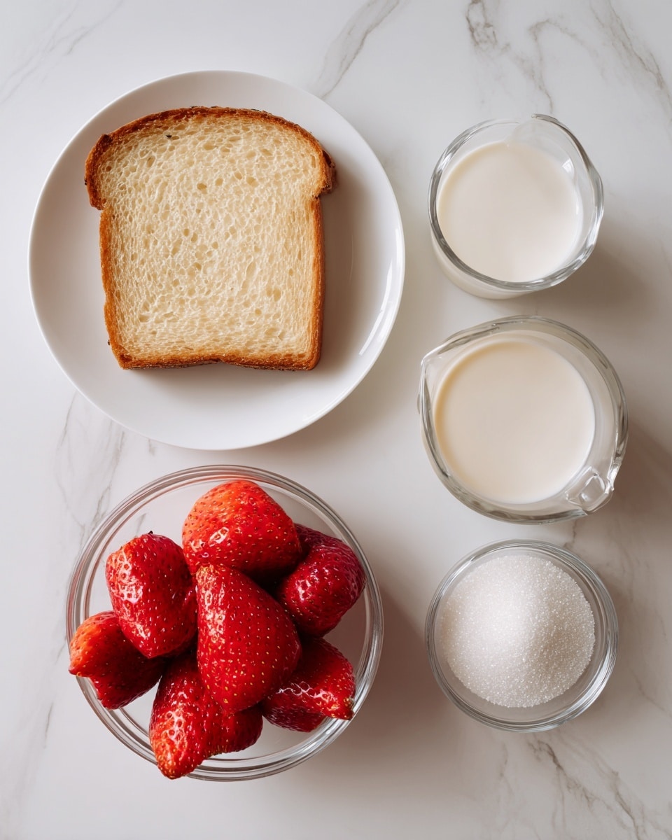 The image shows four items placed in a row on a white marbled surface. On the far left, there is a single slice of toasted bread with a light golden-brown edge on a white plate. Next to it, there is a clear glass bowl filled with five bright red strawberries, some of them cut in half, showing their juicy, textured inside. To the right of the strawberries, there is a small clear glass pitcher filled with creamy white liquid. Finally, on the far right, there is a small clear glass bowl filled with granulated white sugar. The composition is clean and simple with soft natural lighting. photo taken with an iphone --ar 4:5 --v 7