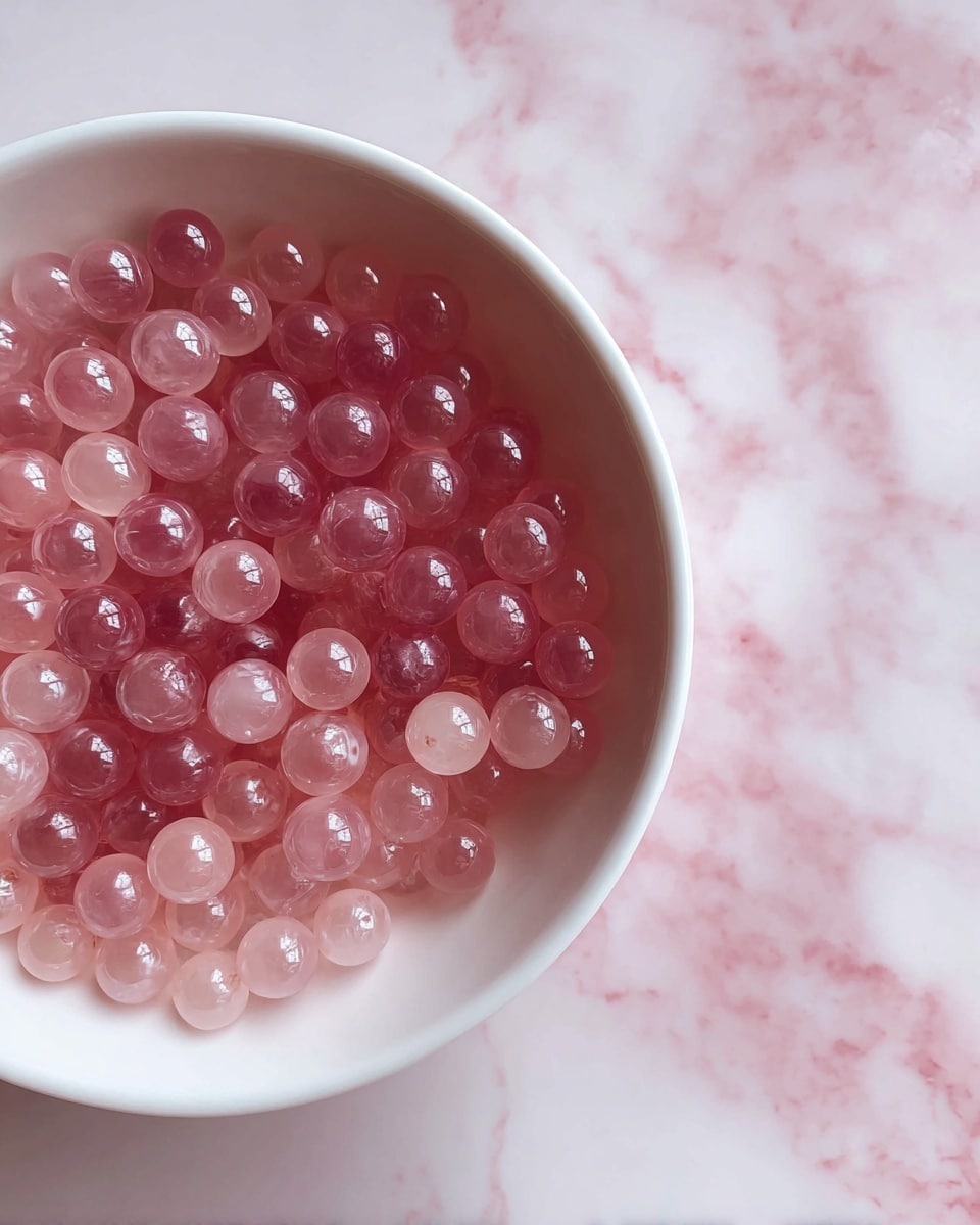 A close-up view of a white bowl filled with many small, round, translucent balls that have a light pink color, looking smooth and slightly shiny. The bowl is placed on a white marbled surface with soft pink streaks visible. Photo taken with an iphone --ar 4:5 --v 7