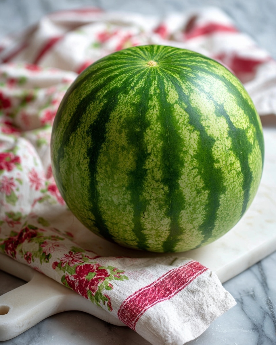 A whole watermelon with a green rind covered in light green patterns sits centered on a white cutting board. The cutting board has a handle on the left side and rests on top of a cloth with red and green floral patterns and a white towel with red stripes. The background surface is changed to a white marbled texture. photo taken with an iphone --ar 4:5 --v 7