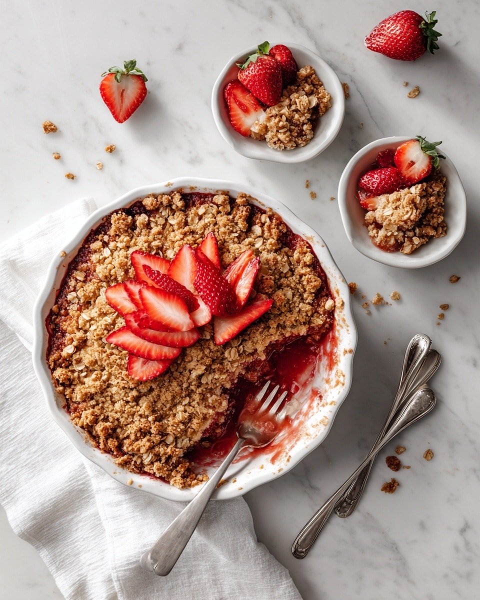 A white round dish holds a three-layer strawberry crumble with the top layer showing a thick, brown oat and crumb topping sprinkled with whole oats, one section scooped out revealing the juicy red strawberry filling beneath. The crumble is garnished with sliced fresh strawberries arranged in a fan shape at the center. Next to it, two smaller white bowls contain similar servings topped with oat crumble and a small fan of strawberry slices. Fresh whole strawberries are scattered on a white marbled surface around the dishes. A shiny metal fork is placed inside the large dish with a bit of crumble on it. Nearby, a white cloth napkin holds a few silver spoons. Photo taken with an iphone --ar 4:5 --v 7