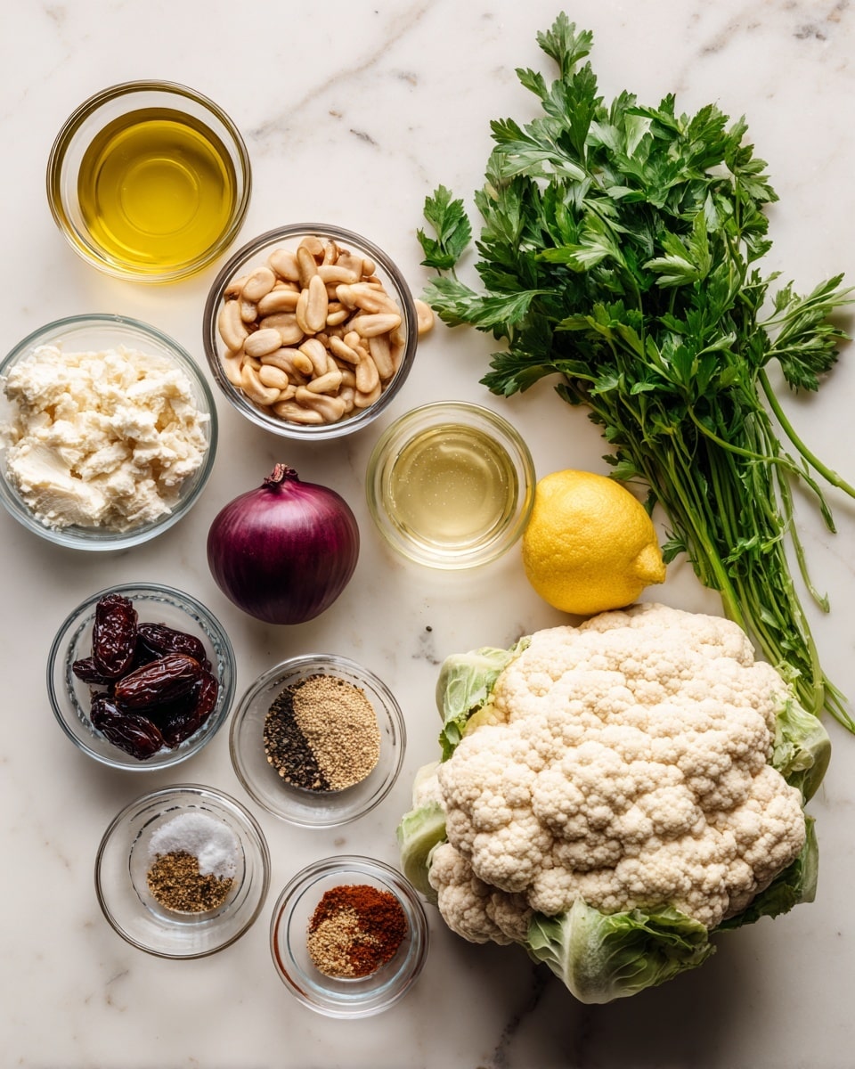 A collection of fresh ingredients is laid out on a white marbled surface, featuring a large head of cauliflower with a bumpy white texture on the right side. Next to it is a bunch of green parsley with leafy stems and a deep purple onion. On the left side, there are several clear glass bowls containing different items: golden toasted pine nuts, crumbly white cheese, smooth creamy tahini, a few glossy dates, a half lemon with bright yellow skin, a small bowl of water, and a small glass container with light golden olive oil. There are also two smaller bowls with mixed spices, one with salt and pepper, and the other with a blend of red, brown, black, and white spices. The scene is bright and clean, with all the ingredients clearly visible. Photo taken with an iphone --ar 4:5 --v 7