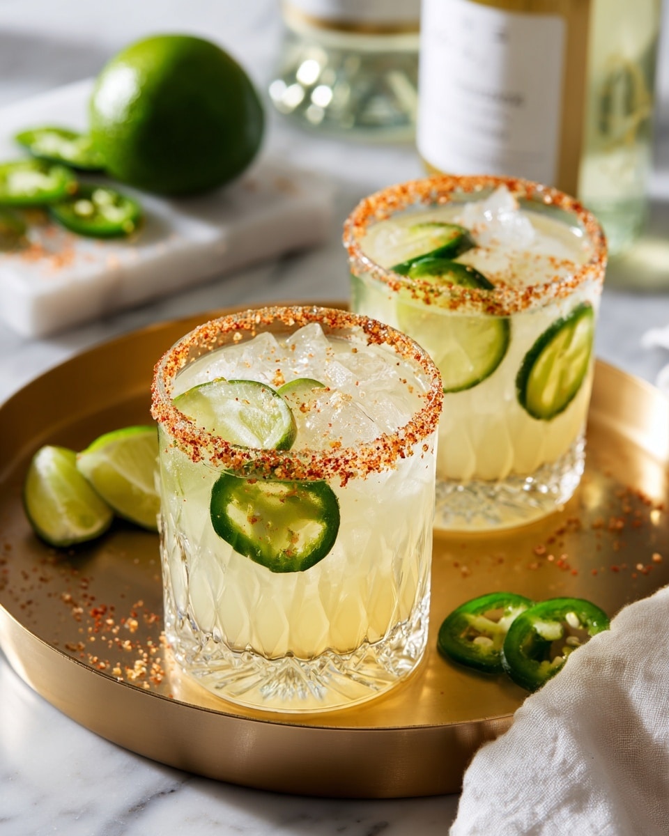 Two clear glasses with patterned texture hold a light yellow drink filled with ice. Each glass has a bright orange spicy salt rim, and thin green jalapeño slices float on the drink surface. The glasses are placed on a shiny gold tray, which sits on a white marbled surface. In the background, there is a whole lime, a bottle with a white label, some lime pieces, and more jalapeño slices. A white cloth is partially visible on the right side of the image. photo taken with an iphone --ar 4:5 --v 7