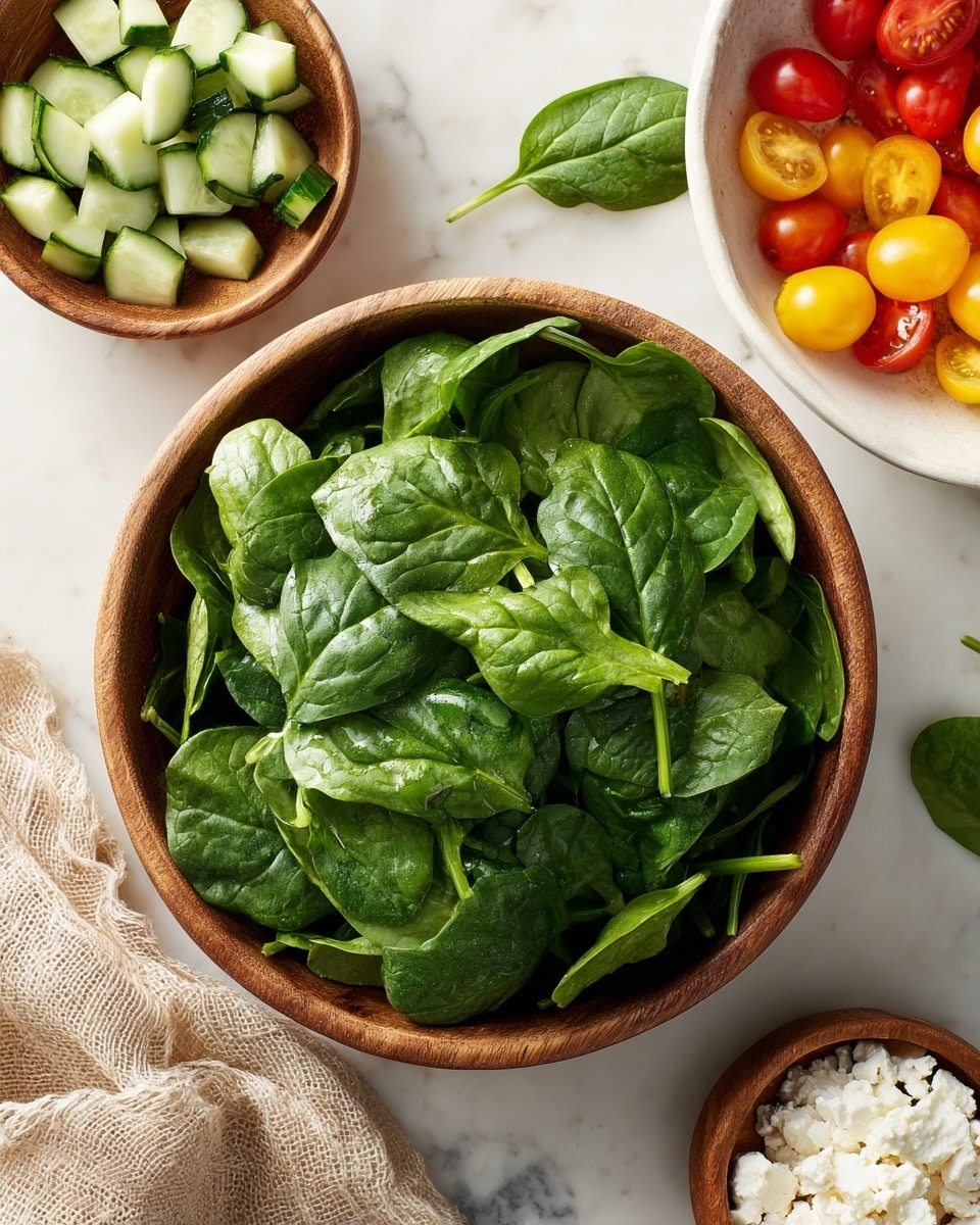 The image shows three bowls on a white marbled surface. The largest bowl in the center is wooden and filled with fresh green spinach leaves, showing a mix of smooth and slightly wrinkled textures with some stems visible. To the top left, a smaller wooden bowl holds chopped light green cucumber pieces with a smooth, moist look. To the top right, a white bowl contains halved cherry tomatoes in red and yellow colors, showing shiny, juicy textures. A small wooden bowl with white crumbly cheese is partially visible at the bottom right, and a beige woven cloth lies on the bottom left corner. Photo taken with an iphone --ar 4:5 --v 7