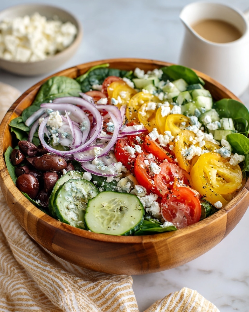 A wooden bowl filled with a fresh salad sits on a white marbled textured surface covered partially by a beige striped cloth. The salad has about four visible layers starting with a base of dark green spinach leaves. On top are bright slices of red and yellow cherry tomatoes, chopped green cucumber, and thin rings of purple onion. Dark brown olive halves are scattered around, along with crumbled white cheese sprinkled evenly across the dish. The textures vary from smooth cucumber and tomatoes to the soft spinach and crumbly cheese. A corner of an empty white bowl with extra cheese and a white cup with light brown dressing are near the salad bowl. Photo taken with an iphone --ar 4:5 --v 7
