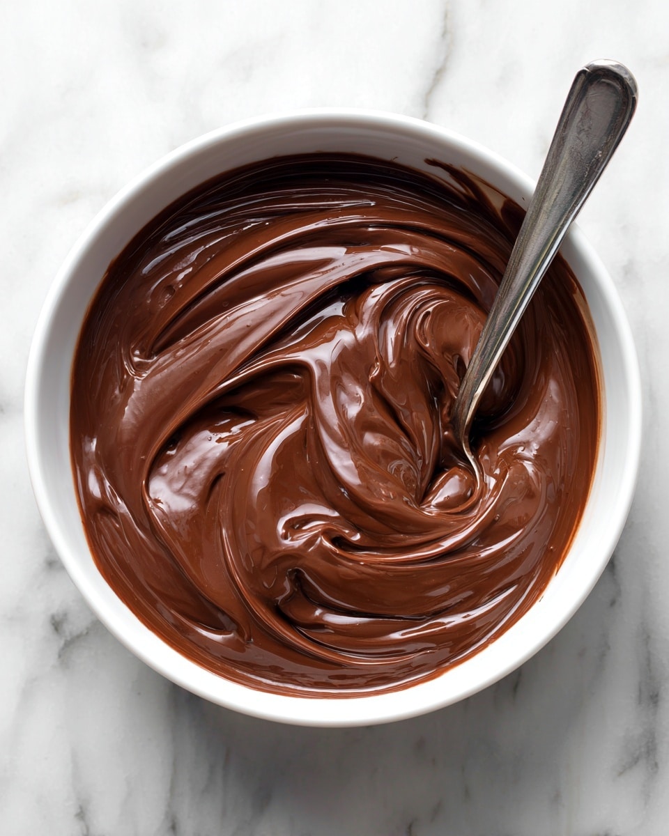 A close-up view shows a white bowl filled with smooth, shiny melted chocolate with a rich dark brown color. The chocolate has soft, flowing swirls and a creamy texture, with a silver spoon resting in it on the right side. The background is a white marbled surface, and the bowl is filled almost to the top with the melted chocolate photo taken with an iphone --ar 4:5 --v 7