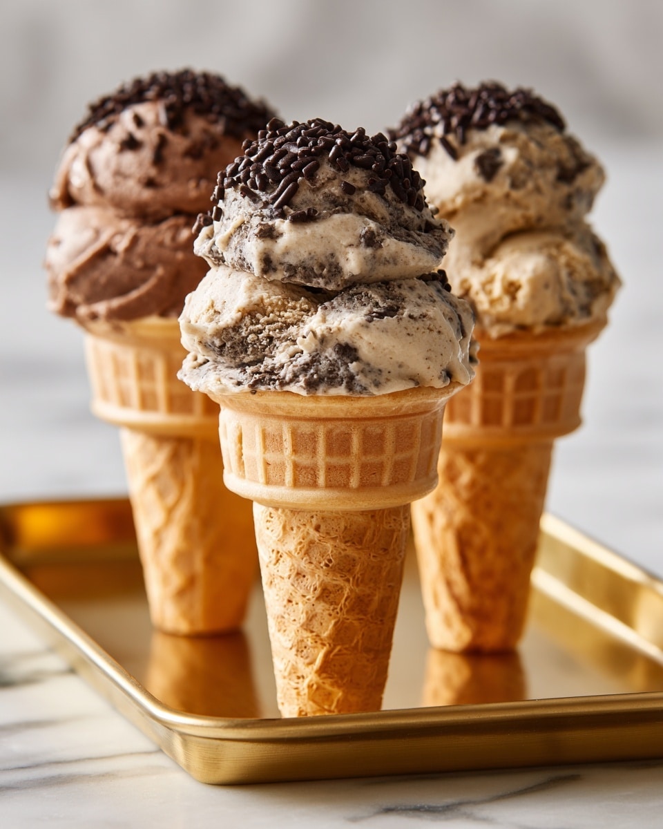 The image shows a close-up of a single scoop of chocolate and vanilla mixed ice cream with chocolate chips embedded in the creamy texture. The ice cream scoop sits on top of a cone that is decorated with dark chocolate sprinkles around its edge. The background features a white marbled texture, and the icy surface and smooth chocolate chips give a rich, creamy look to the ice cream. Photo taken with an iphone --ar 4:5 --v 7