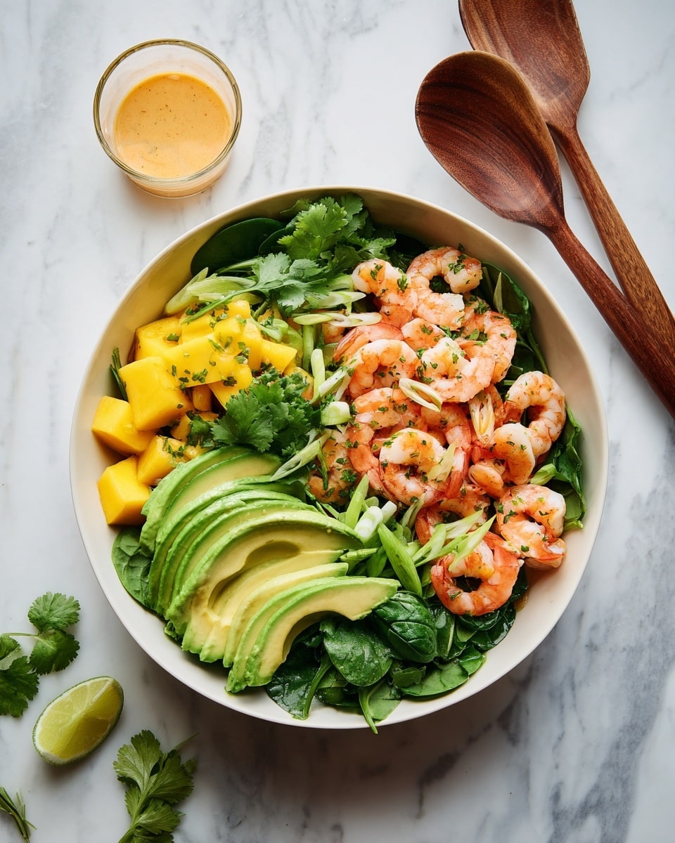 A bright salad sits in a white bowl on a white marbled surface, showing three main layers. The bottom layer holds fresh dark green leafy spinach. On top are slices of light green avocado and small yellow mango cubes scattered all over. The top layer has pink and white shrimp arranged evenly, along with fresh green cilantro leaves and thin green scallion strips for garnish. Two wooden kitchen utensils rest beside the bowl, and a small glass dish with light orange dressing and a cilantro leaf is placed near the bowl. Photo taken with an iphone --ar 4:5 --v 7