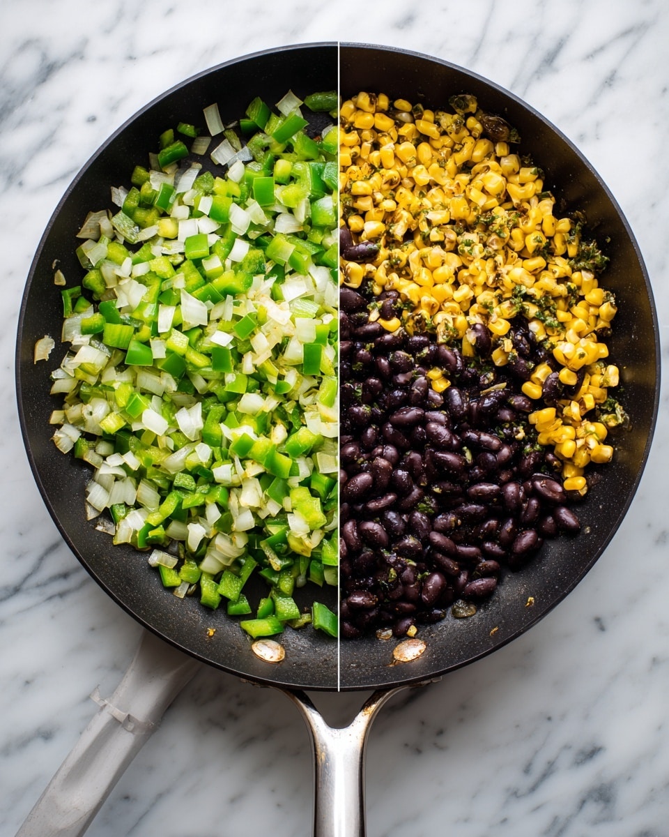 The image shows two black frying pans side by side on a white marbled surface. The left pan contains a mix of diced green bell peppers and onions, sautéed together with the light green and white colors evenly spread throughout the pan. The right pan shows the same mixture but now with added black beans and golden yellow corn kernels, creating a colorful combination of yellow, black, green, and white throughout the pan. Both pans have a metallic handle extending downward. photo taken with an iphone --ar 4:5 --v 7