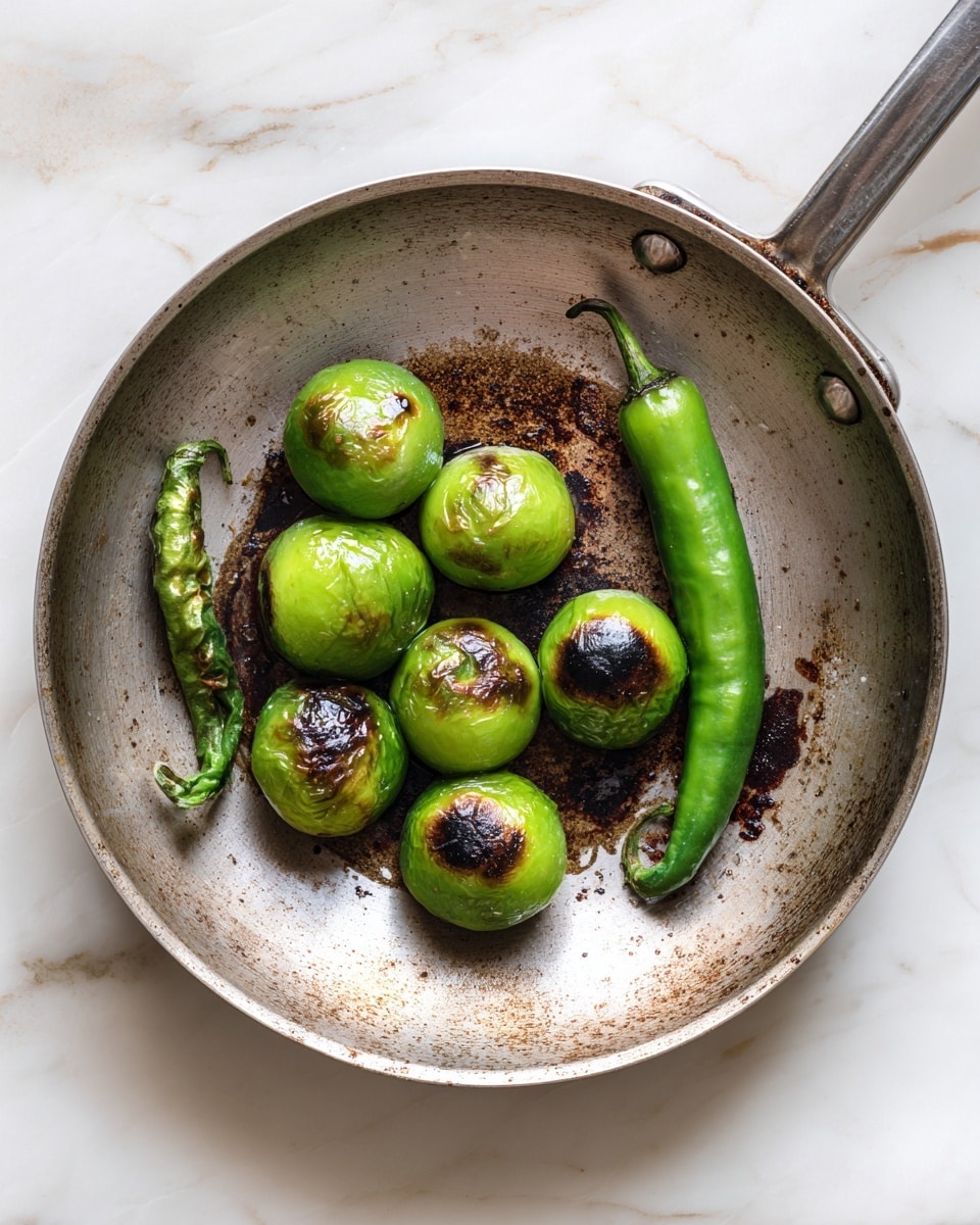 The image shows a round metal frying pan with a worn and slightly rusty surface, placed on a white marbled texture. Inside the pan, there are seven small round green vegetables with visible dark brown char marks from roasting. Alongside them are two long green chili peppers, also with charred spots. The green vegetables vary slightly in size and shape, and the lighting creates bright reflections on their shiny surfaces. The pan's edge is visible, with a small metal rivet and handle partially shown. photo taken with an iphone --ar 4:5 --v 7