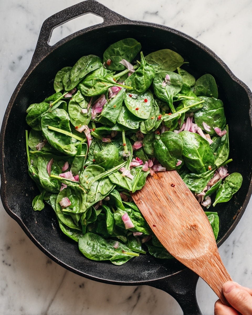 The image shows a black cast iron pan filled with fresh, bright green spinach leaves on the top layer. Underneath the spinach, there are small pieces of pinkish-red onions and bits of red chili scattered around. A light brown wooden spatula is placed on the right side of the pan, resting on the spinach, with a woman's hand holding it partially visible. The background is a white marbled surface surrounding the pan. photo taken with an iphone --ar 4:5 --v 7