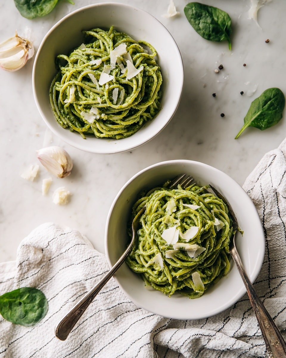 Two white bowls sit on a white marbled surface. Each bowl holds a serving of green pasta coated in a smooth pesto sauce with a few white cheese flakes on top. One bowl is closer to the camera with a vintage silver fork partly stuck into the pasta, and the other bowl is near the top-right, also with a fork resting on the edge. Around the bowls on the surface are loose spinach leaves, small pieces of cheese, some cracked black pepper, and garlic cloves. A textured white cloth with thin black stripes lies under the closer bowl and spreads towards the bottom right. Photo taken with an iphone --ar 4:5 --v 7
