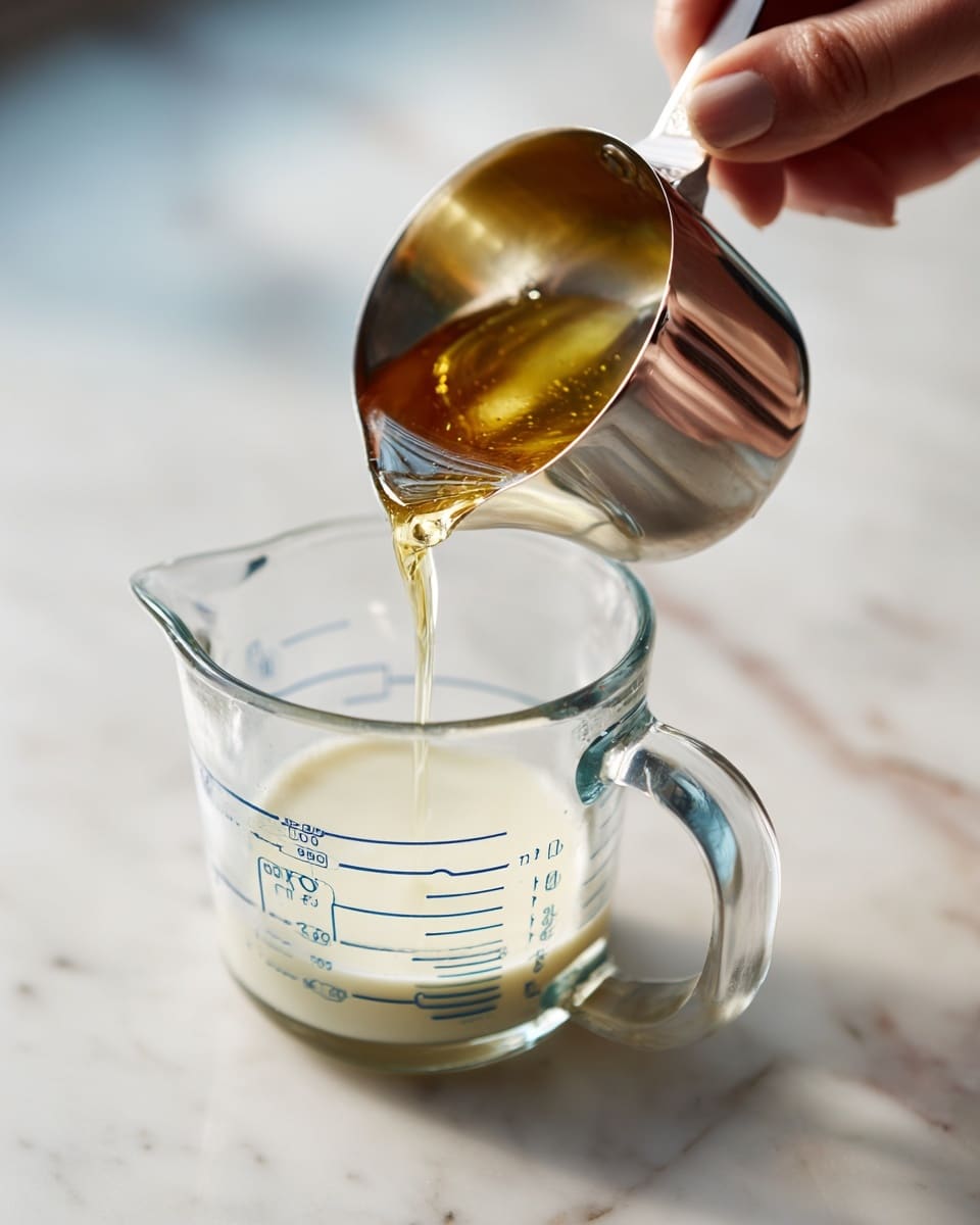 A close-up view shows a woman's hand pouring a golden liquid from a small silver cup into a clear glass measuring cup filled halfway with white liquid. The measuring cup has blue measurement marks and is placed on a white marbled surface. The scene focuses on the mixing process with a soft, natural light, and the silver cup’s shiny texture contrasts with the smooth, creamy liquids inside the measuring cup photo taken with an iphone --ar 4:5 --v 7
