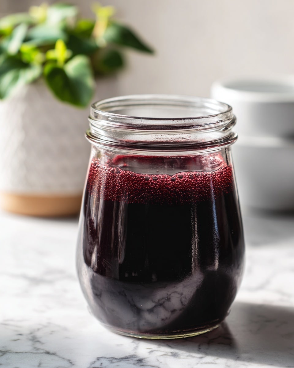 A clear glass jar filled about three-quarters with a dark purple liquid that has a thin layer of light foam on top. The jar is set on a white marbled surface, and the background is softly blurred with a small white pot holding a green leafy plant. The lighting is bright and natural, highlighting the jar's smooth texture and making the liquid inside look rich and deep in color. photo taken with an iphone --ar 4:5 --v 7