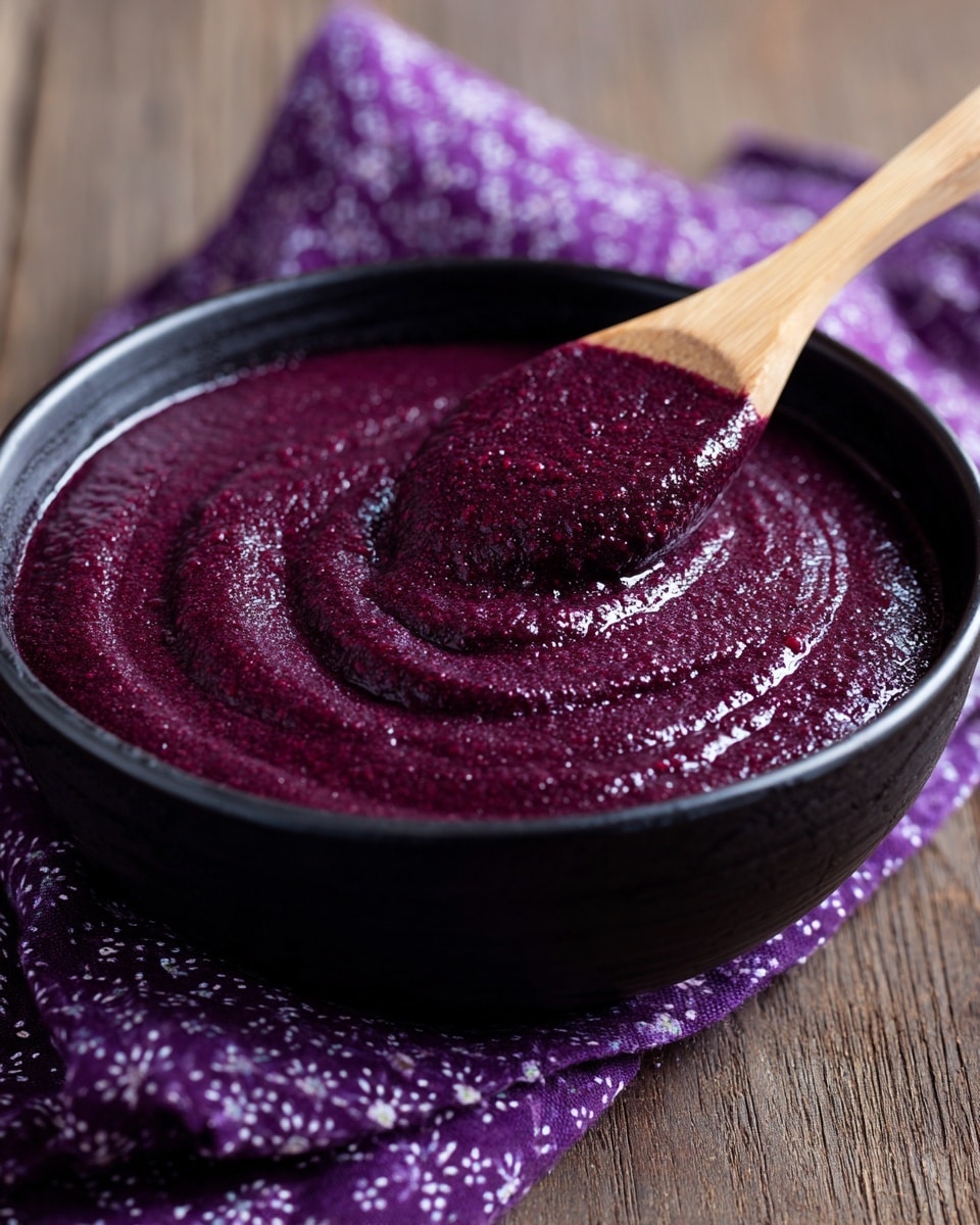 A close-up shot of a black bowl filled with a thick, deep purple sauce, showing a smooth and slightly shiny texture. The sauce fills the bowl about three-quarters full, and there is a light wooden spoon dipped into it from the upper right corner, with the spoon's tip coated in the sauce. The bowl is placed on a wooden surface with a purple cloth with a small pattern folded in the background. photo taken with an iphone --ar 4:5 --v 7