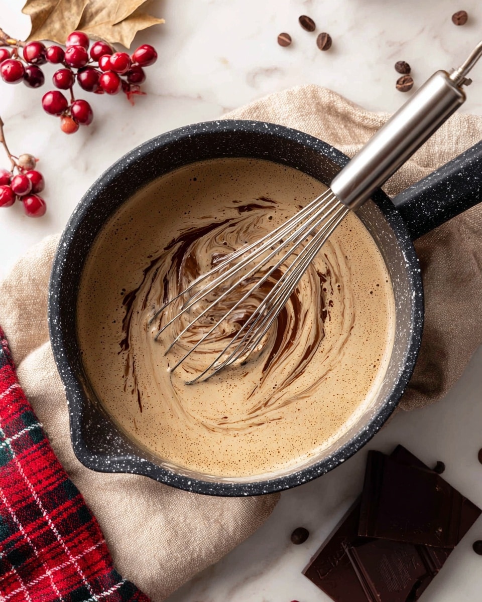 The image shows a black speckled pot filled with a creamy, light brown liquid that has darker brown swirls, moved by a metal whisk resting inside. The pot sits on a beige cloth on top of a white marbled surface. Around the pot, there is a piece of dark chocolate on the lower right and some red berries with green leaves on the upper left near a red plaid cloth. Photo taken with an iphone --ar 4:5 --v 7