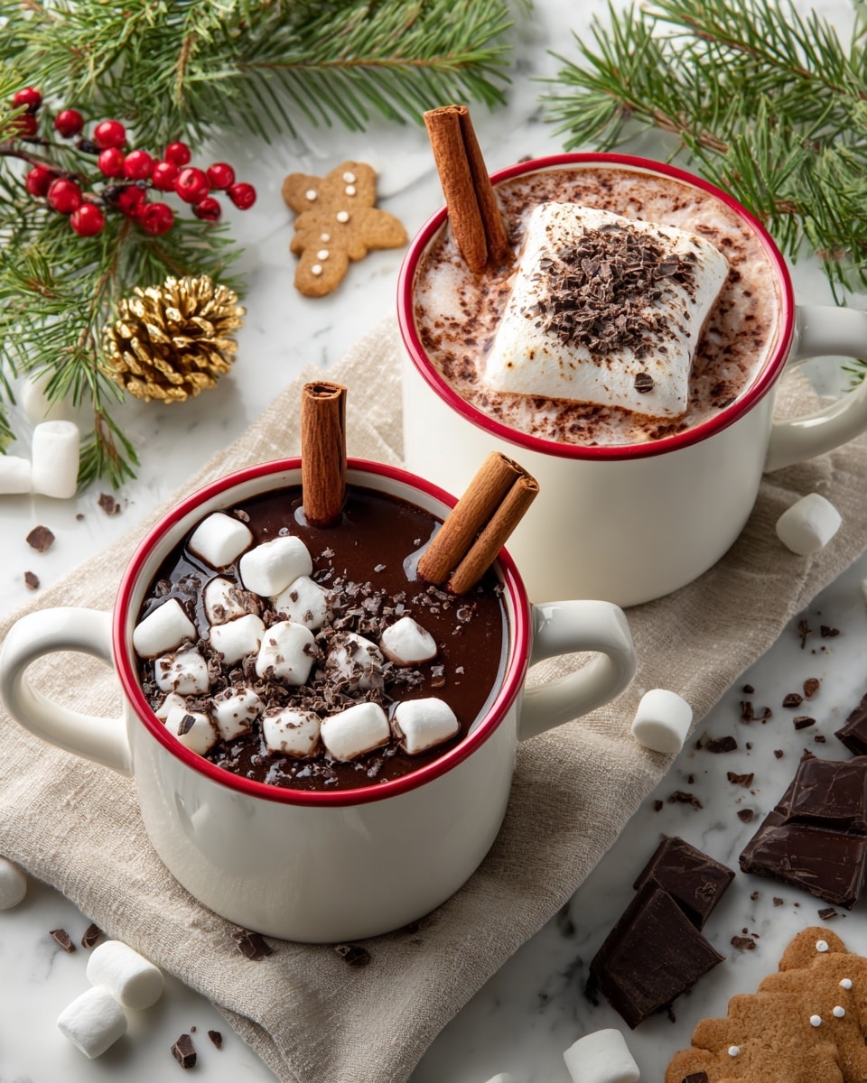 Two white mugs with red rims sit on a beige cloth over a white marbled surface. The mug on the left is filled with dark hot chocolate, topped with many small white marshmallows and sprinkled with chocolate shavings, with two cinnamon sticks standing upright on one side. The mug on the right holds dark hot chocolate topped with one large white marshmallow, sprinkled with chocolate shavings, and also has two cinnamon sticks standing in the drink. Around the mugs are scattered small white marshmallows, pieces of dark chocolate, cinnamon sticks, and parts of a gingerbread cookie. In the upper left corner, some green pine branches with red berries and a small gold pinecone add a festive touch. Photo taken with an iphone --ar 4:5 --v 7