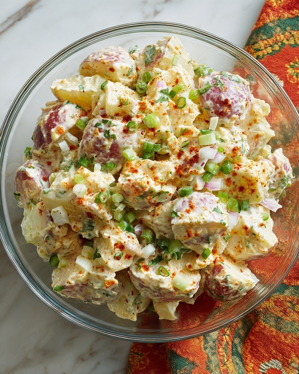 A clear glass bowl filled with a chunky potato salad sits on a white marbled surface. The salad has three main layers: roughly chopped red-skinned potatoes with soft white flesh, creamy-looking yellowish dressing mixed throughout, and small bits of green celery and white onions scattered on top. The dish is sprinkled with a light dusting of red paprika or seasoning, adding a touch of color that contrasts with the pale potatoes and dressing. Near the bowl, an orange cloth with green, yellow, red, and black patterns is visible in the corner. Photo taken with an iphone --ar 4:5 --v 7