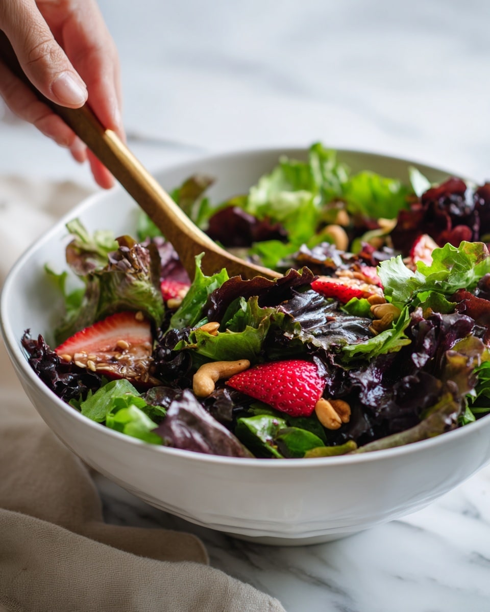 A white bowl filled with leafy salad showing different color greens like light green, dark red, and purple leaves, layered thick and full. There are pieces of red strawberries and uneven chunks of light brown nuts scattered on top. A woman's hand is holding a wooden salad tong dipping into the salad, mixing the leaves and toppings. The background shows soft tones with a white marbled texture surface. photo taken with an iphone --ar 4:5 --v 7