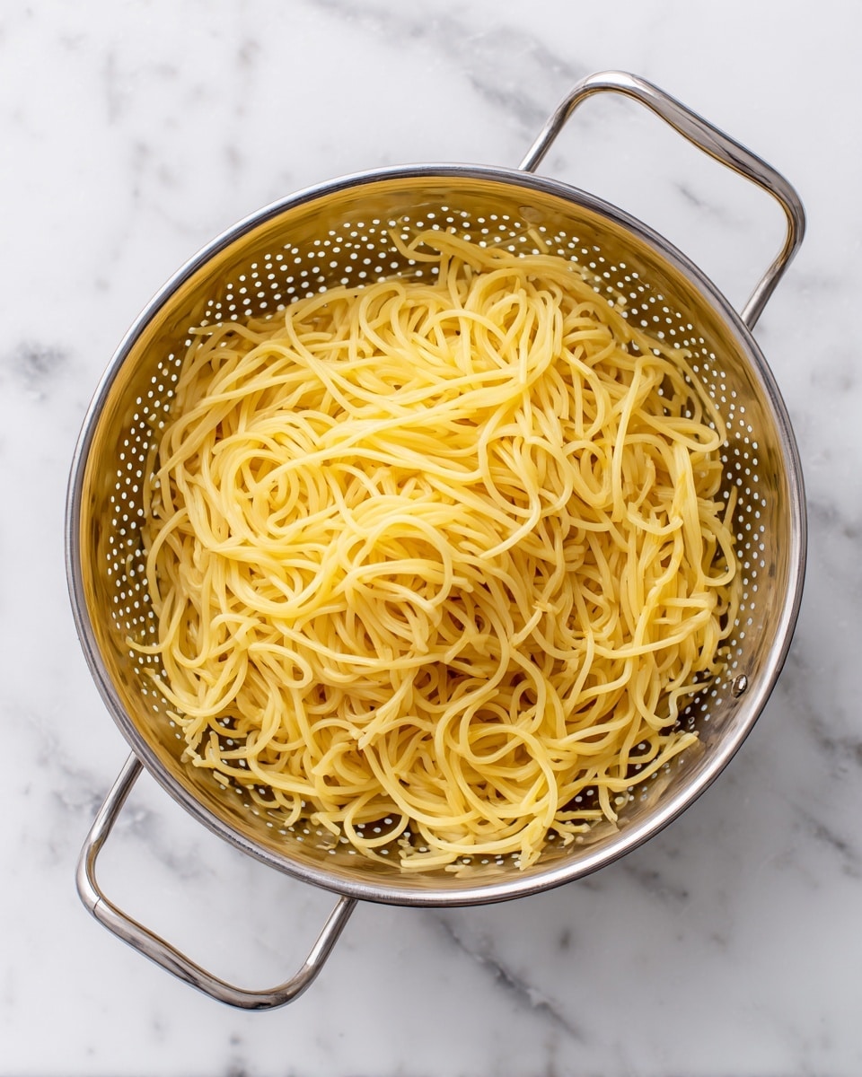 This image shows a close-up of a metal colander filled with cooked yellow spaghetti noodles. The colander is round with small holes all over and has two handles on either side. The noodles are loosely piled inside, creating a tangle of long, thin strands with a smooth, slightly shiny texture. The colander rests on a white marbled surface, adding a clean, bright background to the photo taken with an iphone --ar 4:5 --v 7
