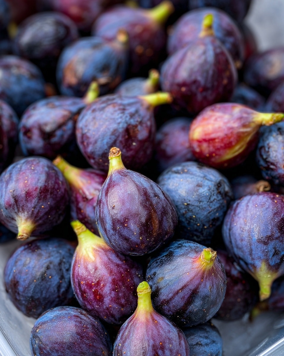 A close-up image of many small, ripe figs tightly packed together, showing their smooth skin in shades of deep purple, reddish purple, and hints of dark blue-grey. Each fig has a small greenish-yellow stem attached at the top. The figs have a matte texture with some shiny spots and natural color variations, arranged in a disorderly way on a clear container placed on a white marbled texture background. photo taken with an iphone --ar 4:5 --v 7