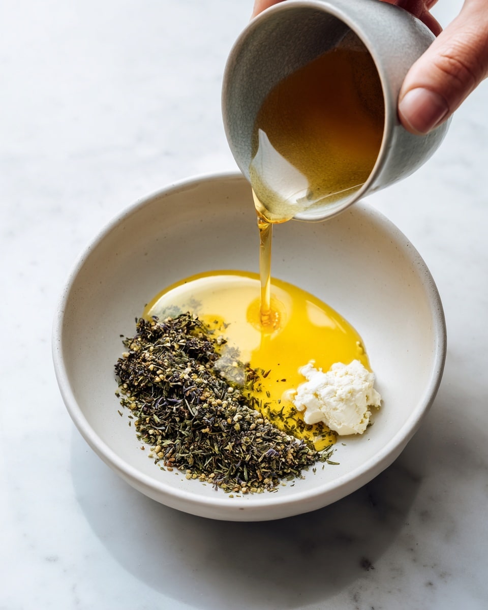 A close-up view shows three layers inside a white bowl on a white marbled surface: at the bottom is a thick layer of golden honey, on top of that are dark green dried herbs sprinkled mostly on one side, and a small dollop of pale, creamy garlic paste near the honey; a clear amber liquid is being poured from a grey ceramic cup held by a woman's hand above, flowing into the bowl and creating a glossy surface on the ingredients below. Photo taken with an iphone --ar 4:5 --v 7