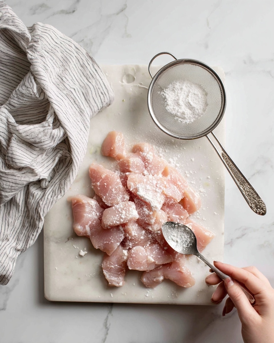 Thin pieces of light pink raw chicken are spread out on a white cutting board that sits on a white marbled surface. A thin layer of white powder is sprinkled unevenly on some chicken pieces. Above the chicken, a woman’s left hand holds a small metal sieve filled with more white powder, while a woman’s right hand uses a small metal spoon to tap into the sieve, distributing the powder. In the background, a folded white and gray cloth with stripes rests casually on the white marbled surface. Photo taken with an iphone --ar 4:5 --v 7
