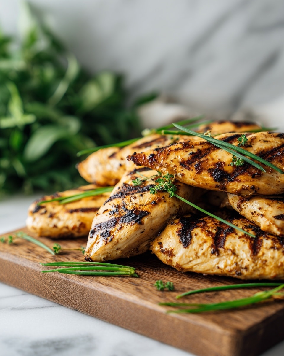 The image shows several pieces of grilled chicken placed closely together on a wooden board. The chicken pieces have a light brown color with dark grill marks running diagonally across each piece, giving a textured look. Scattered thin, long green chives lie on top of the chicken pieces, adding contrast and freshness to the warm tones. In the blurred background, there are green leafy plants. The setting is on a white marbled surface. photo taken with an iphone --ar 4:5 --v 7