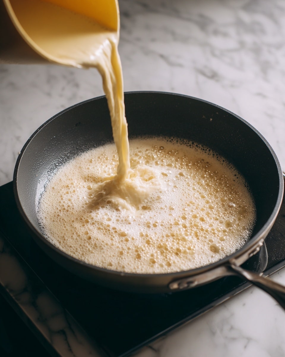 A dark gray frying pan on a stove has light batter being poured from a yellow squeeze bottle in a crisscross pattern, creating a lacy, thin layer in the center of the simmering oil. The batter is pale and smooth with small bubbles forming around its edges, showing it is frying. The background is a white marbled surface. photo taken with an iphone --ar 4:5 --v 7