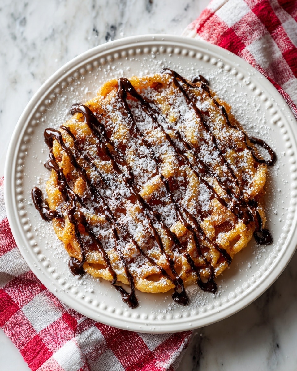 A funnel cake with a golden brown, crispy, and twisted pattern sits on a white plate with raised dots around the edge. The cake has light sprinkles of powdered sugar and is drizzled with thick, dark chocolate sauce in a zigzag pattern over the top. The plate rests on a red and white checkered cloth over a white marbled surface. Photo taken with an iphone --ar 4:5 --v 7