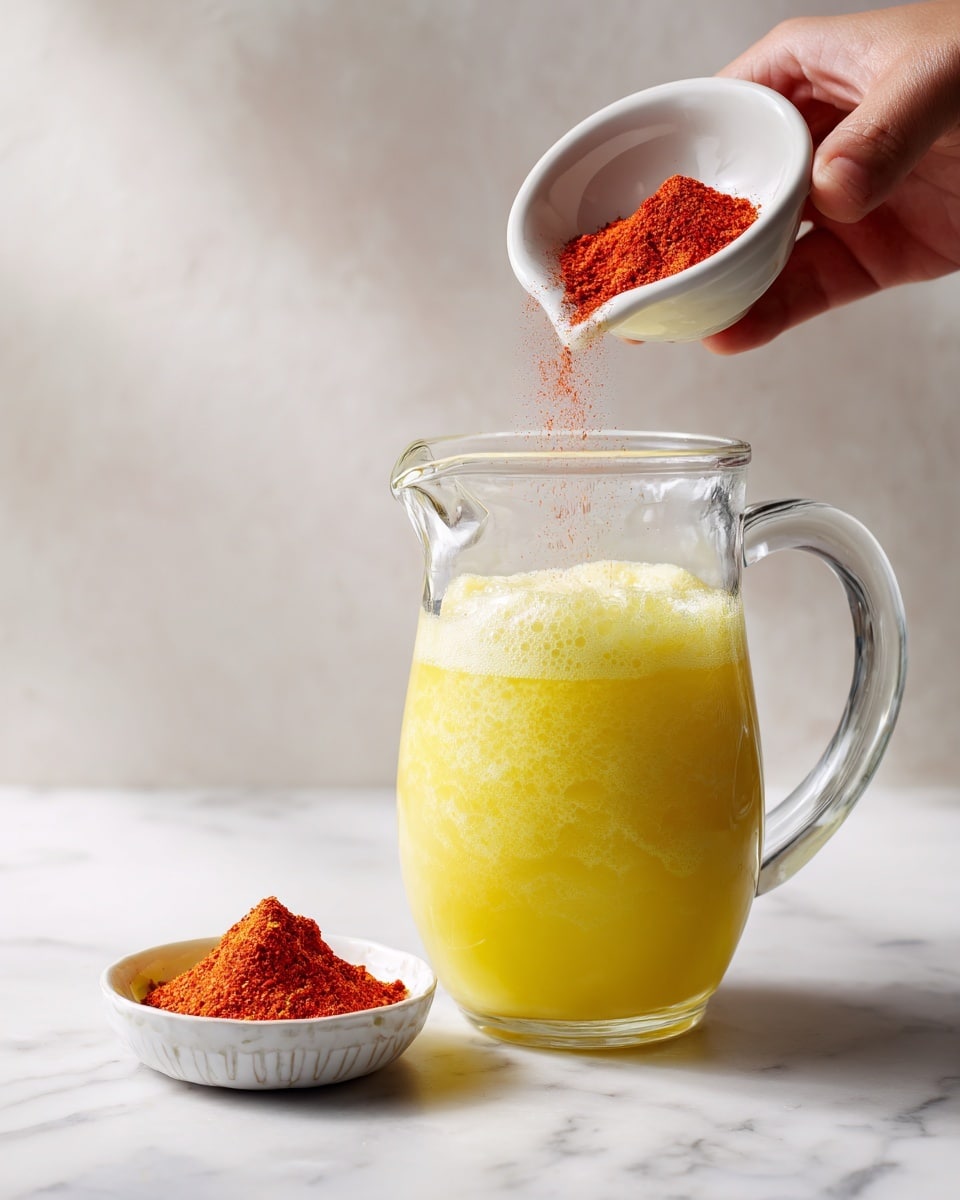 A clear glass pitcher filled with a yellow liquid that looks smooth and slightly frothy on top, shown against a white marbled surface. Above the pitcher, a woman's hand holds a small white bowl containing finely ground red powder, positioned as if about to pour it into the yellow liquid. The scene is bright and clean with soft natural light highlighting the textures and colors. photo taken with an iphone --ar 4:5 --v 7