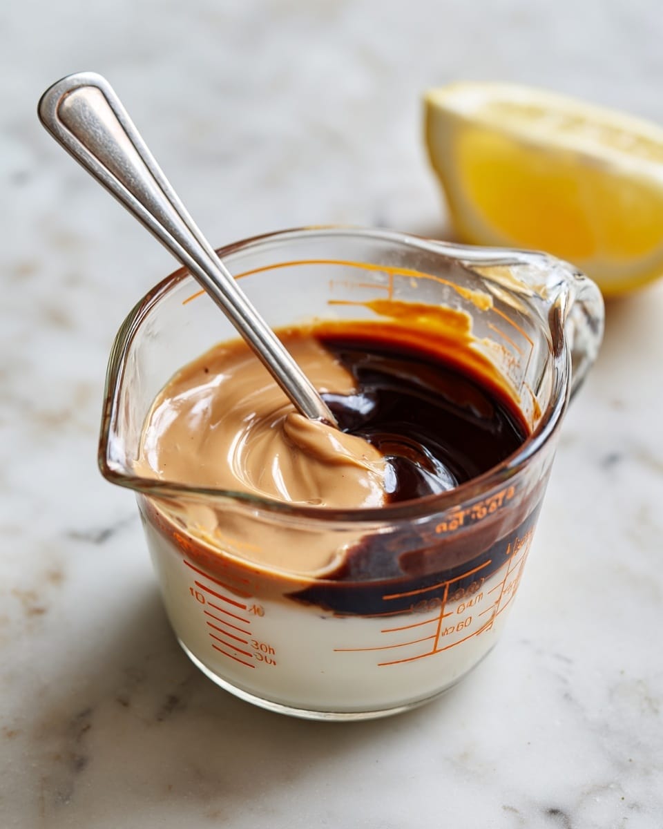 A clear glass measuring cup with orange measurement marks contains three main visible layers: a thick white creamy layer at the bottom, a smooth dollop of light brown peanut butter on the left side, and a darker, glossy stream of dark brown sauce sitting partially over the peanut butter and creamy layer. A silver spoon is placed inside the cup, with its handle standing upright. Part of a sliced yellow lemon is visible in the top right corner on a white marbled surface. photo taken with an iphone --ar 4:5 --v 7
