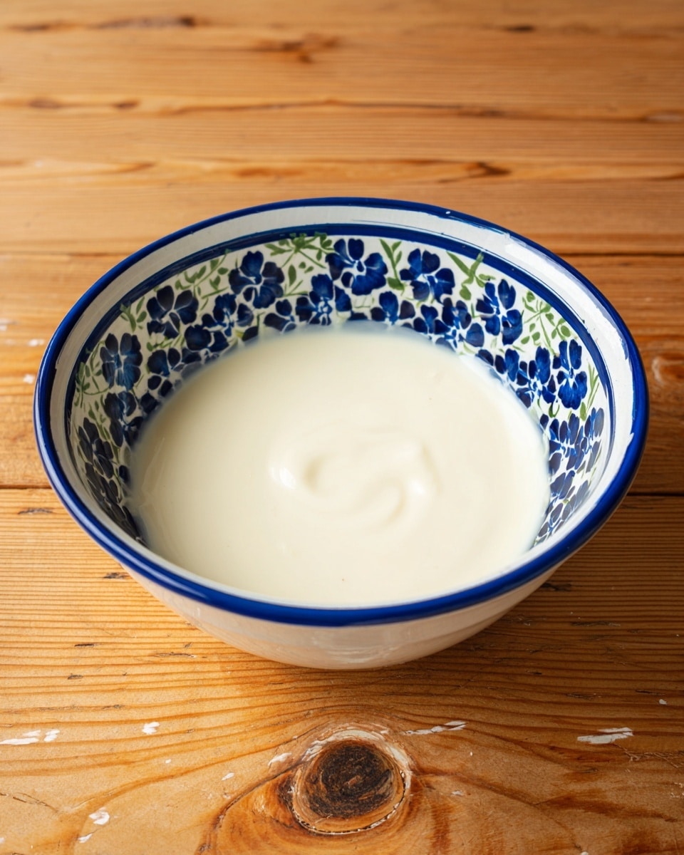The image shows a white bowl with green leaf and blue flower designs around the inside edge, filled with a smooth white sauce or cream that covers the whole bottom of the bowl evenly. The bowl sits on a wooden surface with visible grain and knots. The sauce has a slightly glossy texture, and the bowl’s edges are slightly worn with small spots of discoloration. photo taken with an iphone --ar 4:5 --v 7