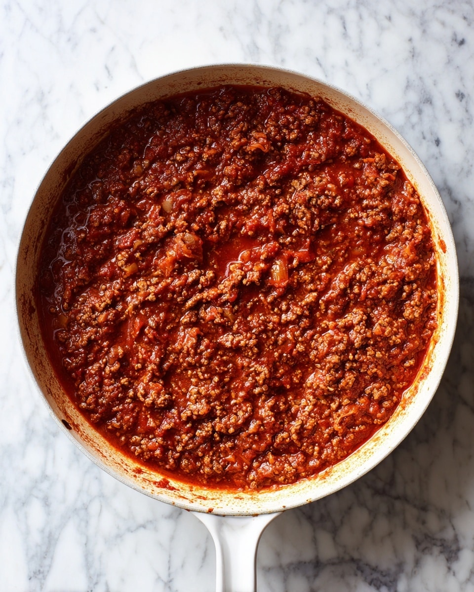 A white pan filled with a thick, chunky red sauce made of cooked ground meat and small pieces of tomato and onion, spread evenly across the pan showing a mix of deep red and brown colors with a slightly oily texture on top, set against a white marbled surface. photo taken with an iphone --ar 4:5 --v 7