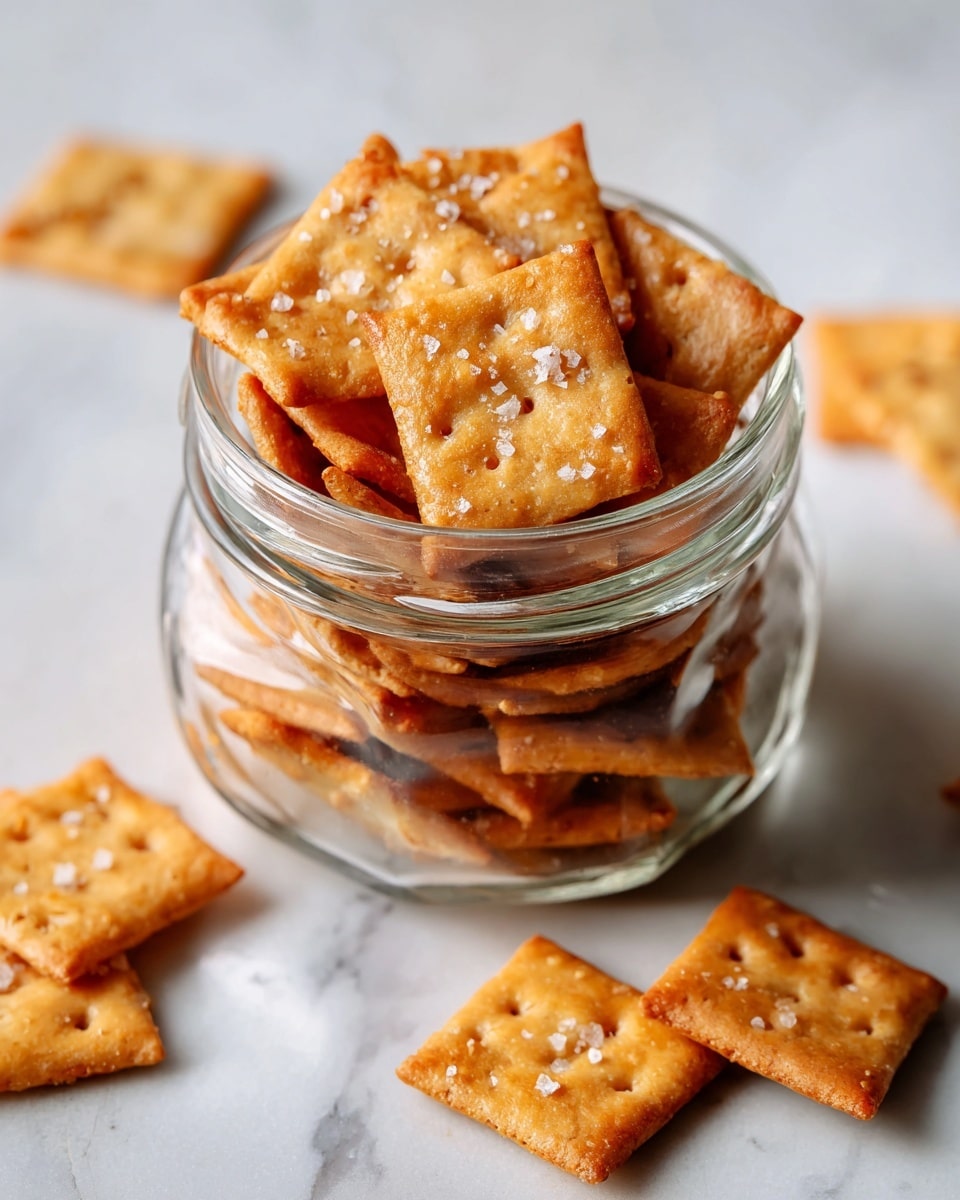 A glass jar filled with small, square crackers that are light brown with a slightly crispy texture and a touch of coarse salt on top. The crackers are piled inside the jar, some overlapping each other, showing their slightly bubbly surface and tiny holes. Around the jar, a few crackers are scattered on a white marbled surface, matching the background with soft shadows. The focus is sharp on the crackers inside the jar, making their golden brown color and texture clear. photo taken with an iphone --ar 4:5 --v 7