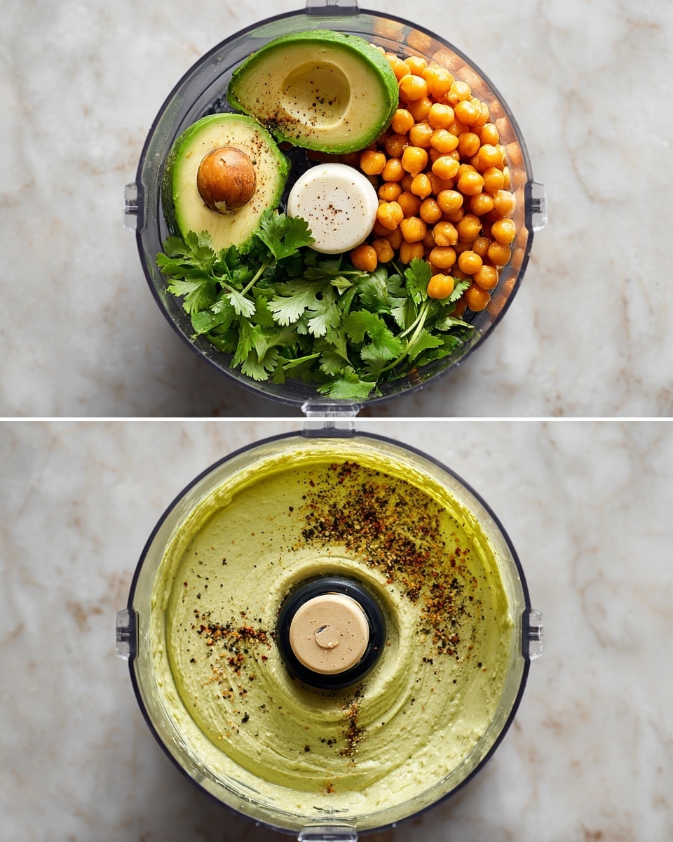 The first image shows a food processor full of several ingredients before blending: two halves of a green avocado, orange chickpeas, fresh green cilantro leaves, a small white round piece (likely garlic or onion), and a creamy light brown dollop on top of the avocado, all sprinkled with black pepper. The second image shows the same food processor with the ingredients blended into a smooth, light green creamy mixture, with the blade part in the middle visible. Both images have a white marbled surface underneath. photo taken with an iphone --ar 4:5 --v 7