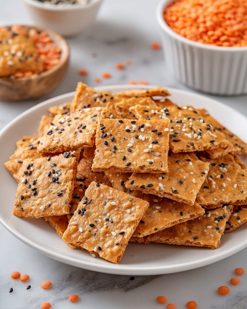 A white plate filled with one layer of square-shaped crackers that have a light brown color and a rough texture with small cracks. Each cracker is topped with scattered black and white sesame seeds. The plate sits on a white marbled surface, with scattered red lentils near the plate and a white bowl filled with red lentils in the background. The overall look is simple and clean. photo taken with an iphone --ar 4:5 --v 7
