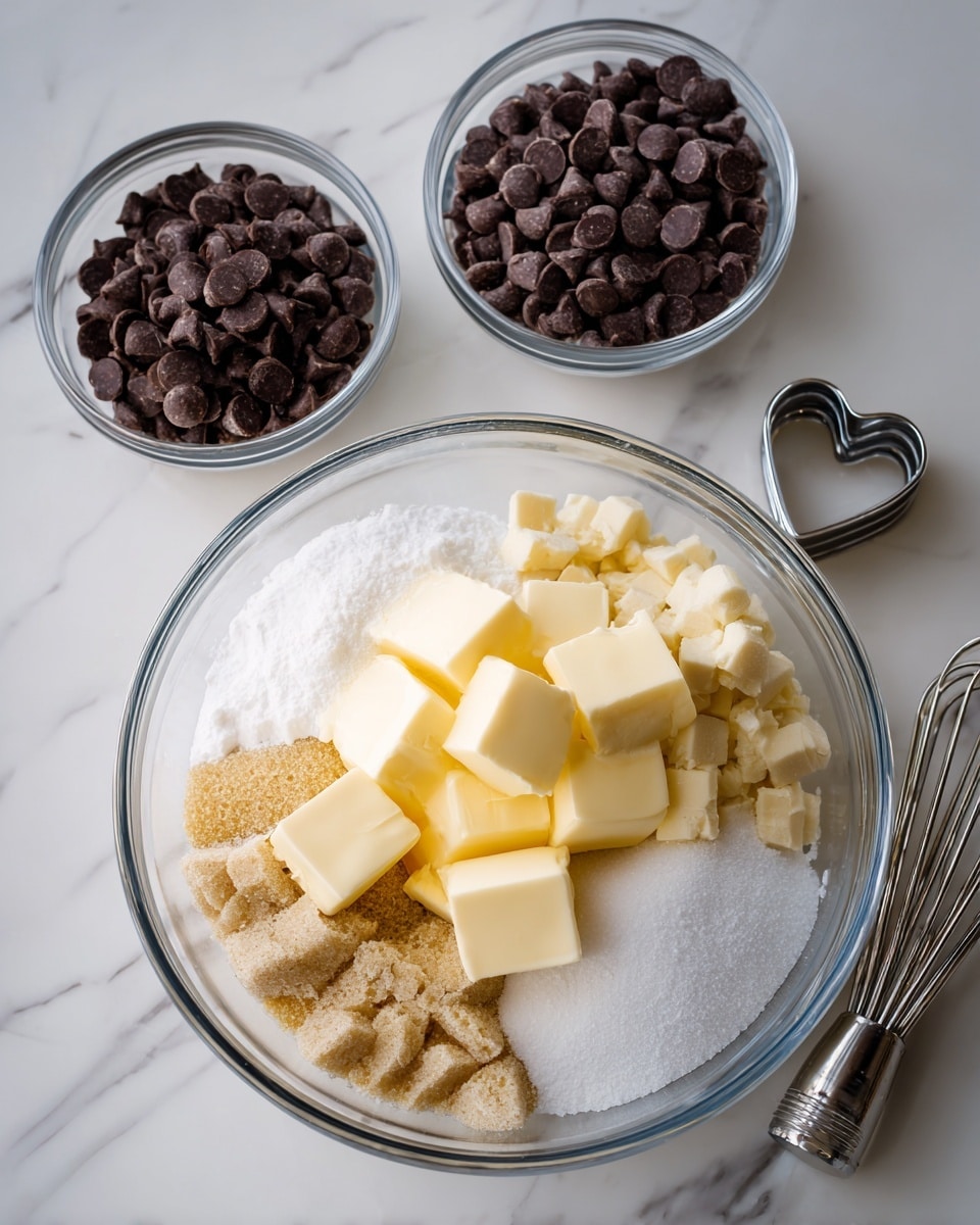 A top view shows a clear glass mixing bowl filled with three layers: a bottom layer of white sugar, middle clusters of light brown sugar, and large chunks of pale yellow butter on top, all sitting on a white marbled surface. In the top left and bottom left corners are two smaller clear glass bowls filled with dark brown chocolate chips. To the right top corner is a silver heart-shaped cookie cutter, and in the bottom right corner are silver mixer beaters. The whole image is bright with soft natural light, photo taken with an iphone --ar 4:5 --v 7
