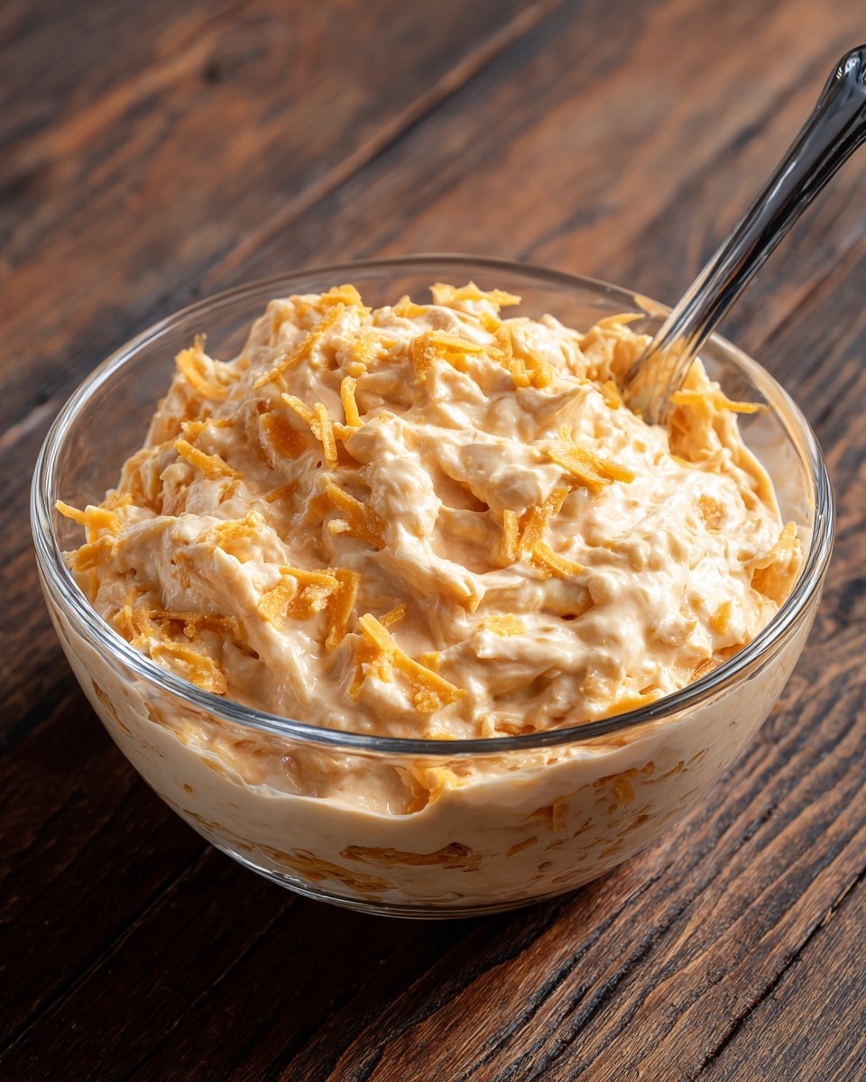 A clear glass bowl filled with a creamy, thick mixture that is light orange in color with visible small chunks of shredded yellow pieces spread throughout. The bowl is placed on a dark wooden surface, and a silver spoon is partially dipped into the mixture, resting on the edge of the bowl. The texture of the mixture looks smooth with a bit of roughness from the small chunks. photo taken with an iphone --ar 4:5 --v 7
