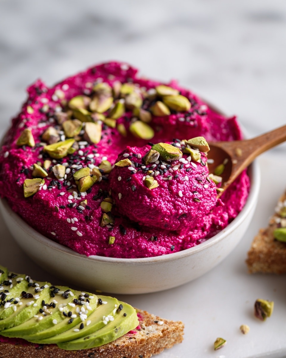 A bowl filled with bright pink hummus with a thick and creamy texture spread evenly in three layers, showing slight swirls and peaks on top; drizzled with golden olive oil pooling in the center and sprinkled with small seeds and nuts scattered mainly around the top edges; a wooden spoon rests inside the white bowl near the right edge, and an orange carrot stick stands upright at the back left side, all set on a white marbled surface photo taken with an iphone --ar 4:5 --v 7