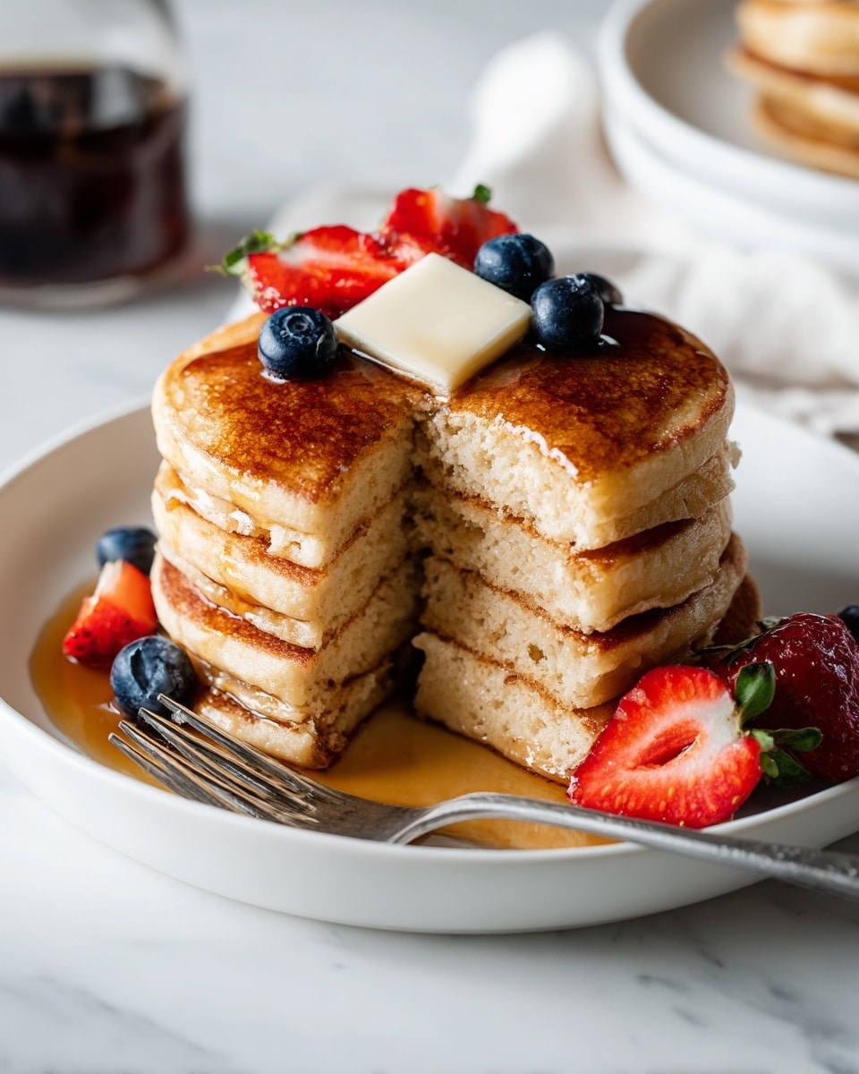 The image shows a white plate with six golden brown pancakes arranged in a circular layer, each pancake fluffy and thick with a slightly crispy edge. On top of the pancakes, there are fresh strawberries cut in half showing their bright red inside, and whole blueberries adding a deep blue color. The pancakes are drizzled lightly with syrup, which glistens on their surface catching the light. The plate sits on a white marbled surface, and the overall look is fresh and colorful, with the red and blue fruits contrasting nicely against the golden brown pancakes and white plate. Photo taken with an iphone --ar 4:5 --v 7