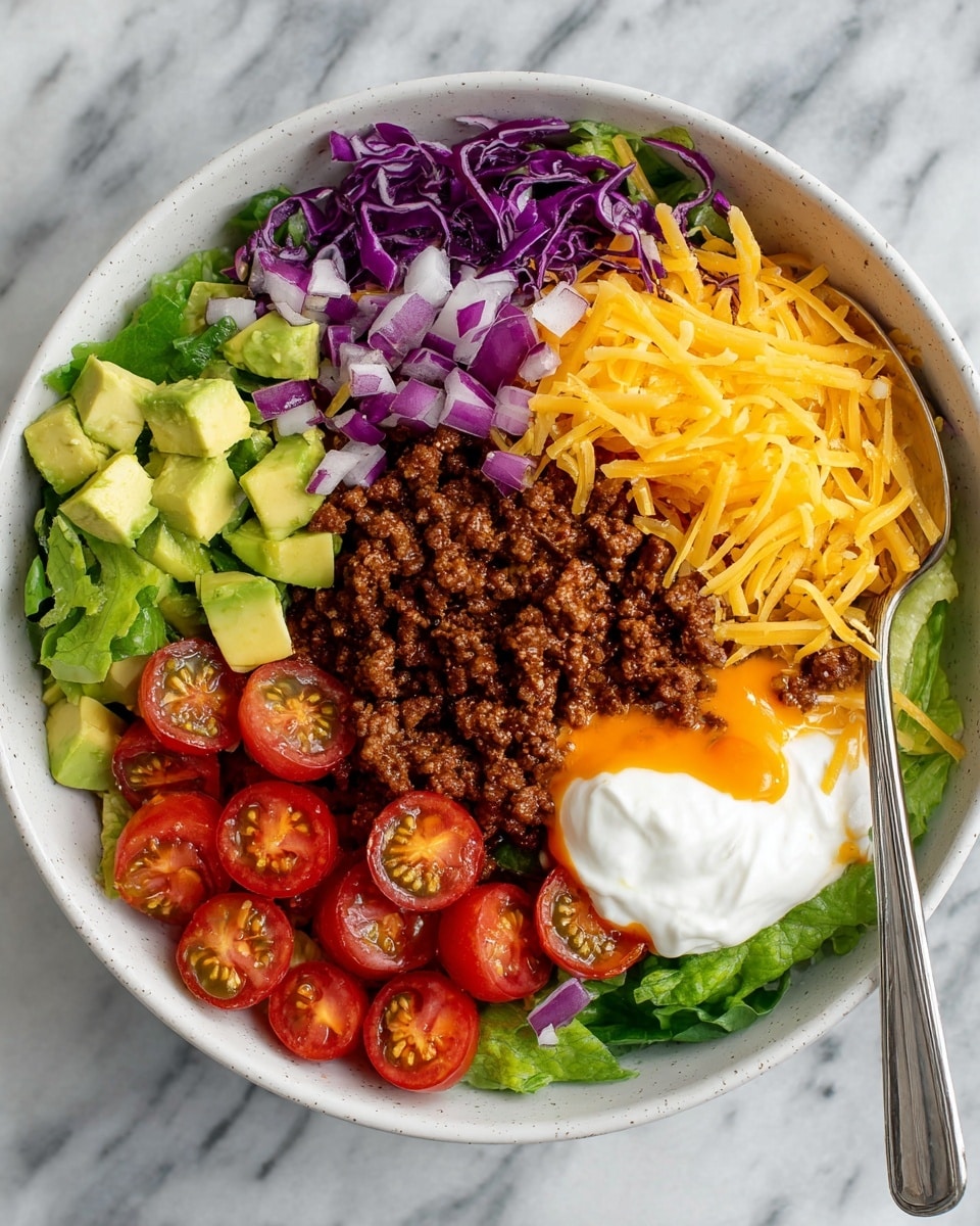 A bowl with many layers of food on a white marbled surface; the base layer is green leafy lettuce and small pieces of avocado, topped with chopped purple cabbage and small bits of red onion scattered throughout. Above this is a layer of cooked ground beef spread in the center and surrounded by halved cherry tomatoes with a bright red color. On top, thin strands of light yellow shredded cheese are sprinkled all over, with a dollop of white sour cream sitting off to one side, drizzled with a small amount of orange hot sauce. A silver spoon rests inside the bowl. Photo taken with an iphone --ar 4:5 --v 7