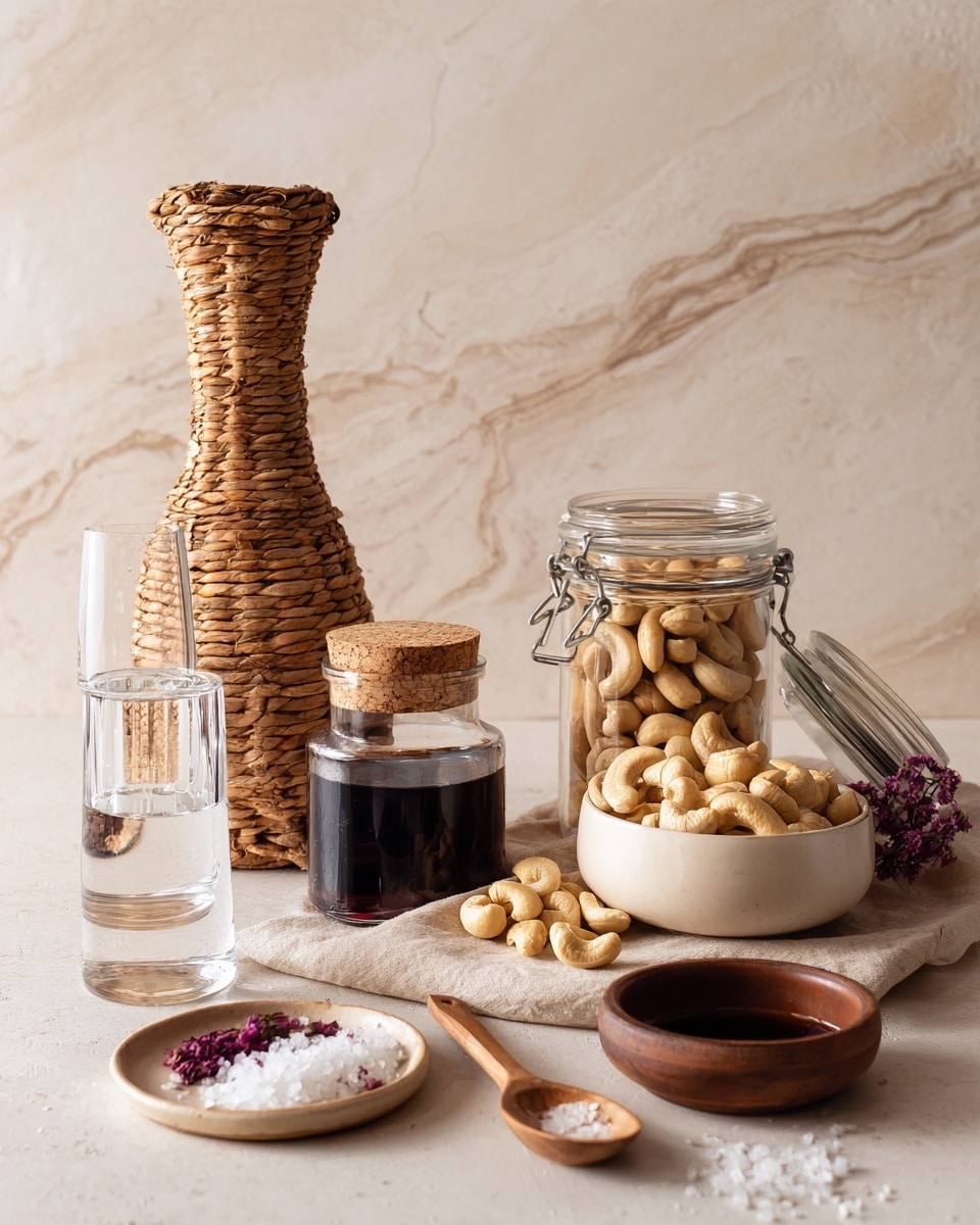 The image shows a light brown table with several items arranged on it against a light brown marble background. There is a tall clear glass pitcher with a woven, light brown basket cover holding water, next to an empty clear glass. In front of the pitcher is a small clear glass jar with a cork lid filled with dark liquid. To the right of this jar is a white bowl filled with pale yellow cashew nuts, some spilling onto the table. Next to the bowl is a glass jar with a metal clasp filled with cashew nuts. On the right side of the table is a small brown dish with a dark sauce inside, and in the foreground is a small beige plate with white salt crystals mixed with some purple bits. Scattered cashews and a wooden spoon with a few cashews rest on the table. photo taken with an iphone --ar 4:5 --v 7
