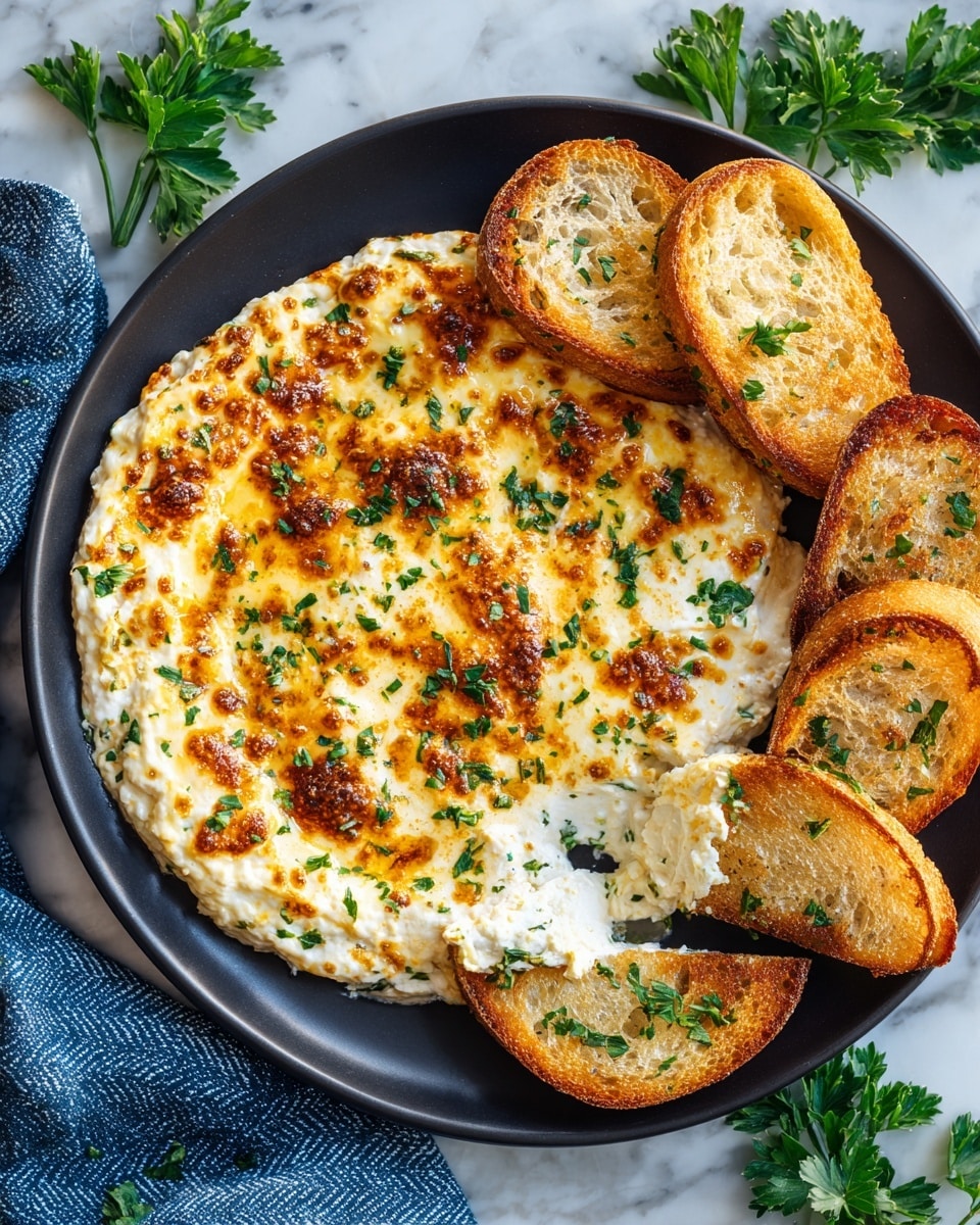 A black plate holds a creamy white dip with a browned, bubbly top layer, speckled with green herbs throughout; on the right side, three toasted slices of bread with golden-brown crusts are partially dipped into the creamy layer, also sprinkled with bits of green herbs. The plate sits on a white marbled surface with some fresh green parsley leaves scattered around and a blue textured cloth partially visible at the bottom left. photo taken with an iphone --ar 4:5 --v 7