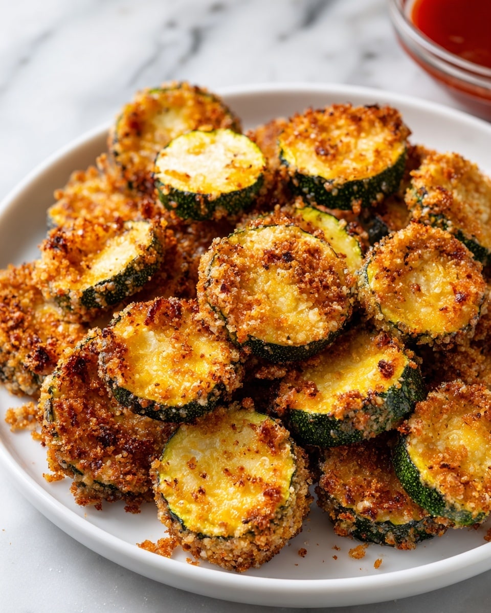 A white plate sits on a white marbled surface filled with round yellow zucchini slices, each topped with a thick, crumbly golden brown coating that looks crispy and evenly baked. The breadcrumb layer on the zucchini edges is toasted to a deeper brown, adding texture and contrast to the smooth yellow flesh visible underneath. The zucchini pieces are arranged closely together, overlapping slightly, showing a mix of light yellow and warm brown shades. In the top right corner, part of a glass bowl contains a red dipping sauce, adding a splash of color to the scene. photo taken with an iphone --ar 4:5 --v 7